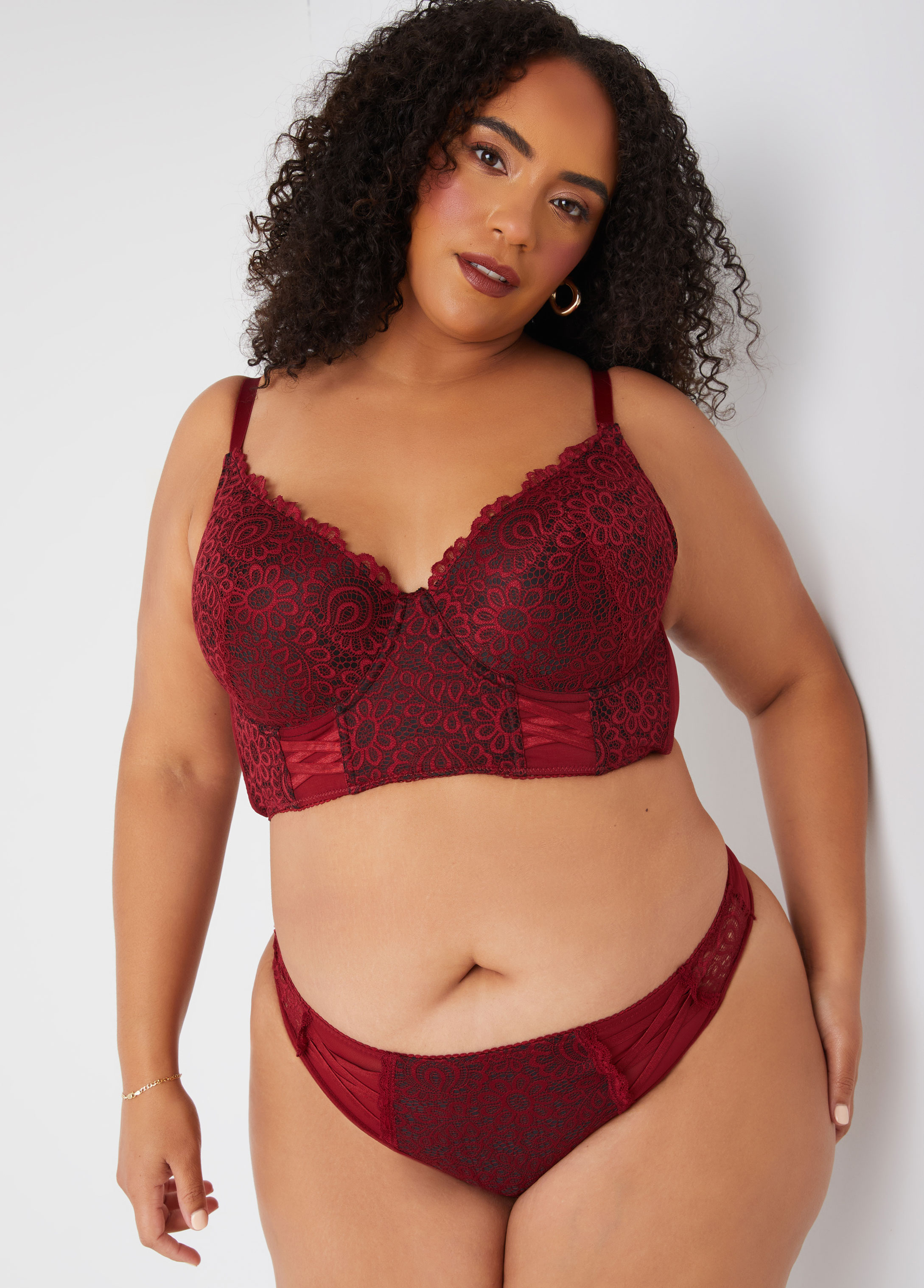 Plus Size Mesh And Lace Bustier Set, RED, 40DD - Ashley Stewart