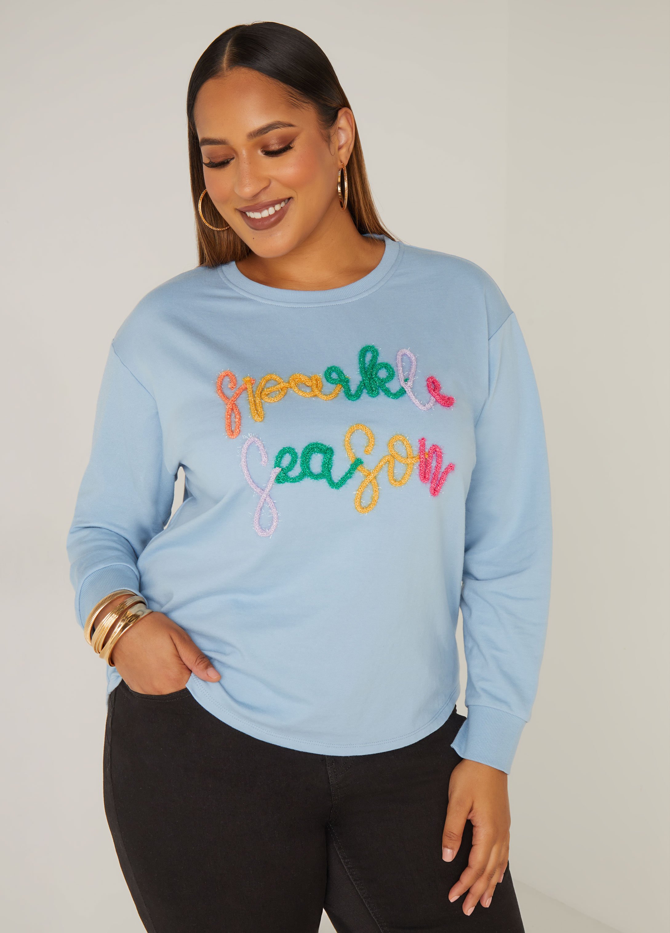 Plus Size Sparkle Season Hi Low Sweatshirt, BLUE, 26/28 - Ashley Stewart