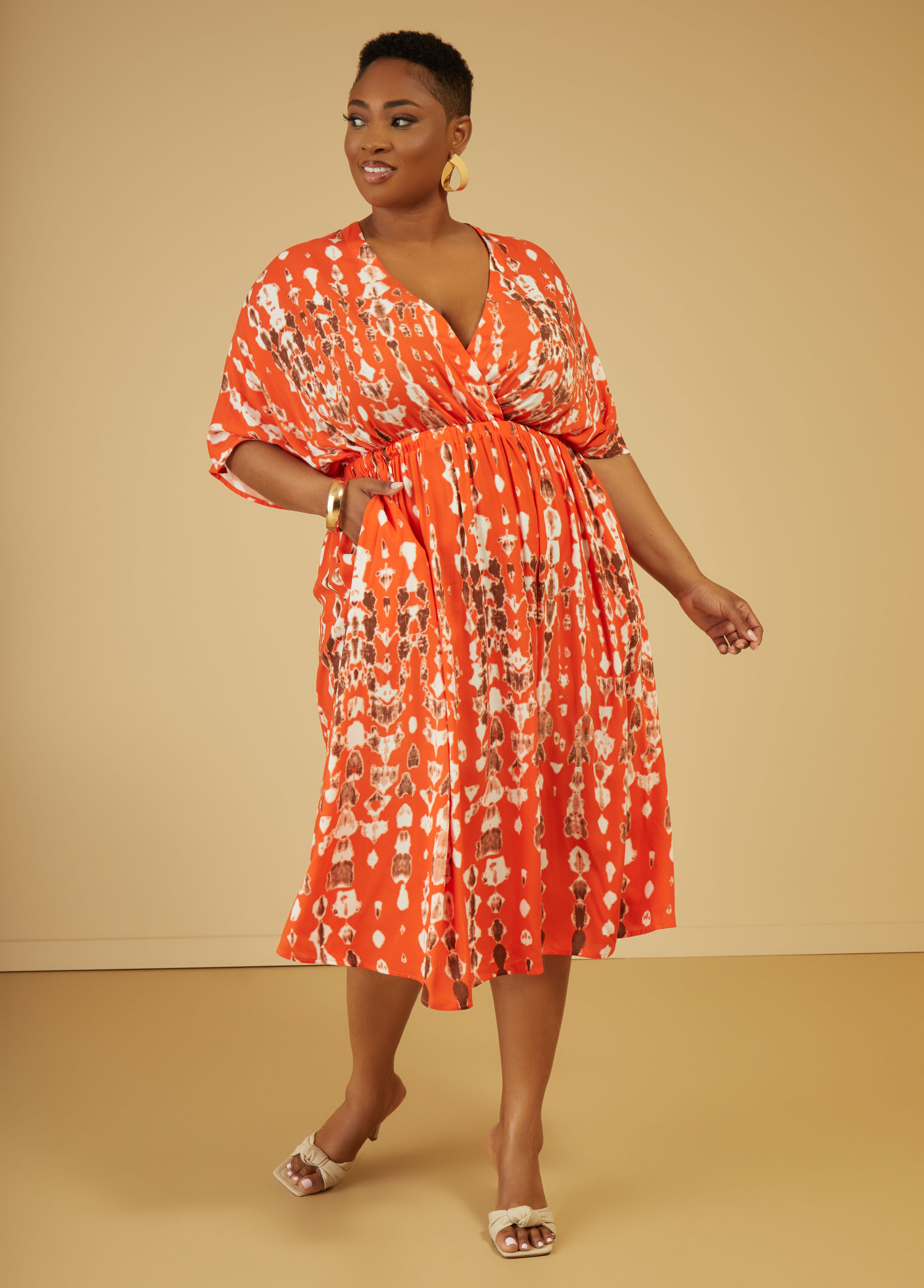 Plus Size Batik Print Faux Wrap Dress, , 30/32 - Ashley Stewart