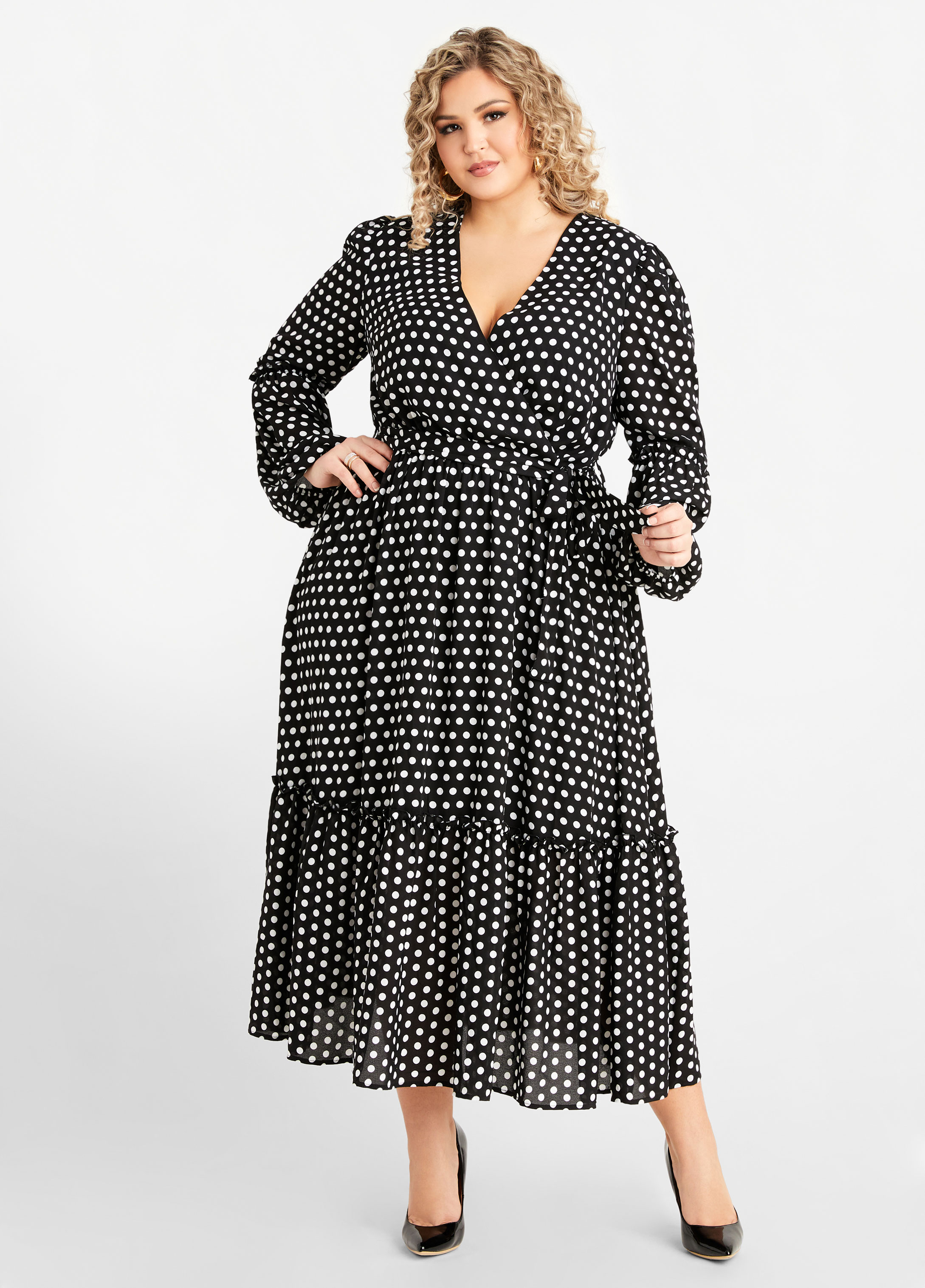 Plus Size Tall Belted Colorblock Polka Dot Wrap Chic Maxi Party Dress