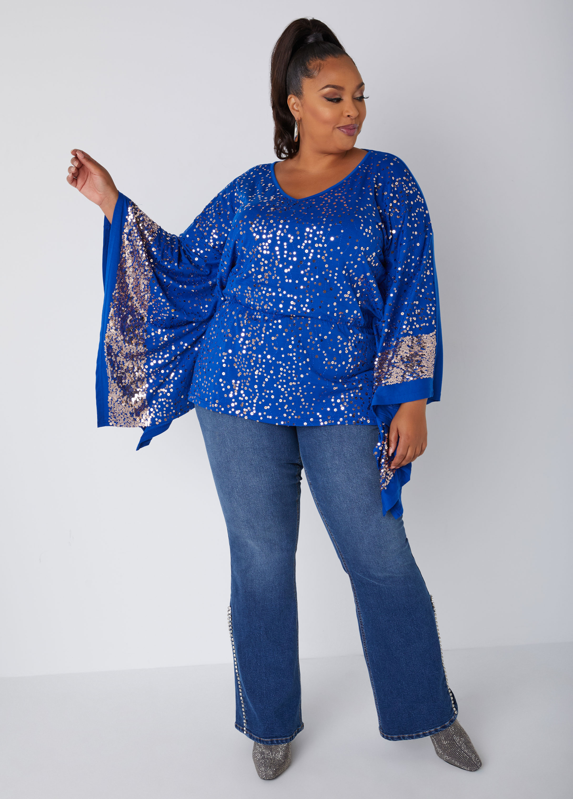 Plus Size Sequined Drama Sleeved Tunic, BLUE, 14/16 - Ashley Stewart