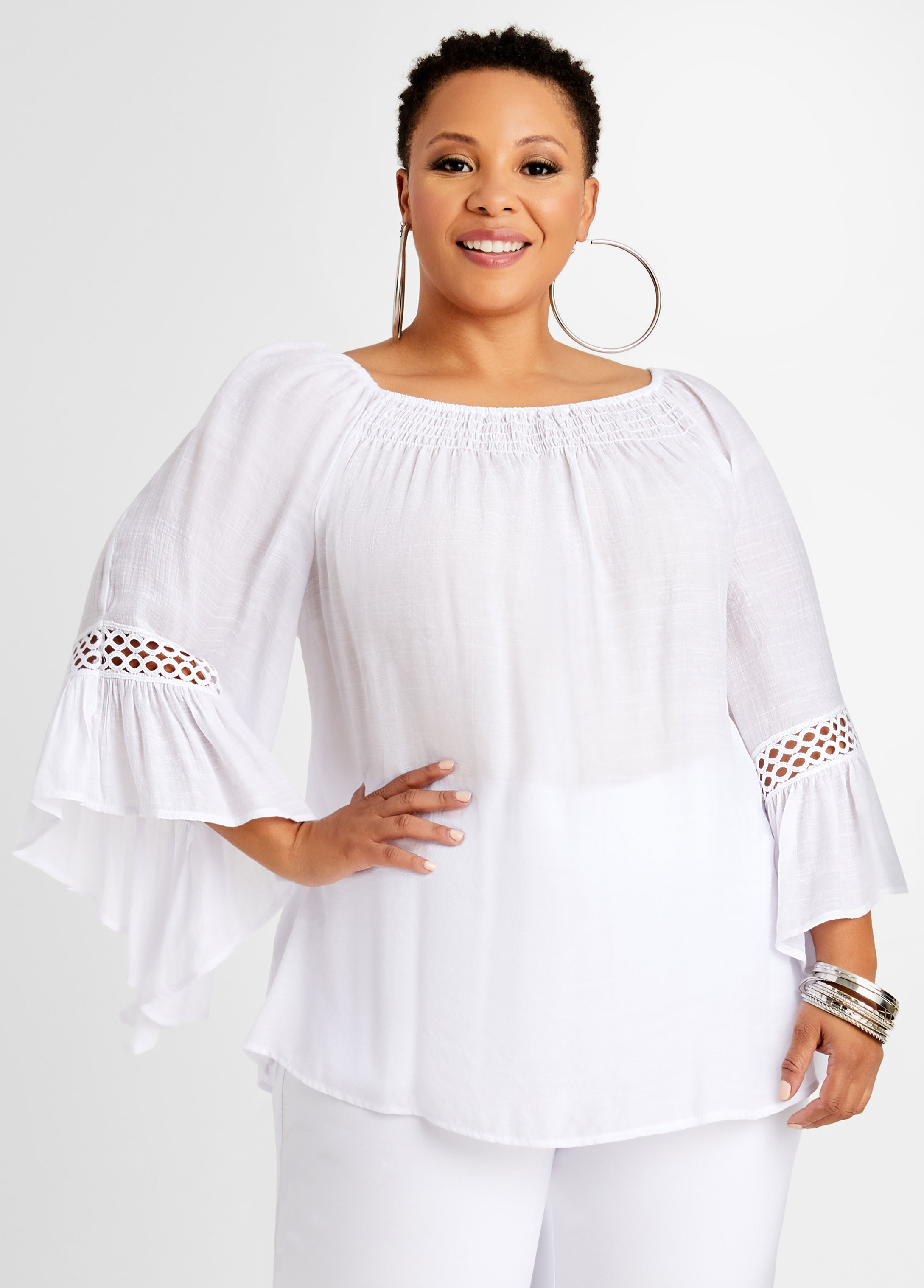 Plus Size Peasant Blouse Plus Size Lattice Trim Ruffle Sleeve Top