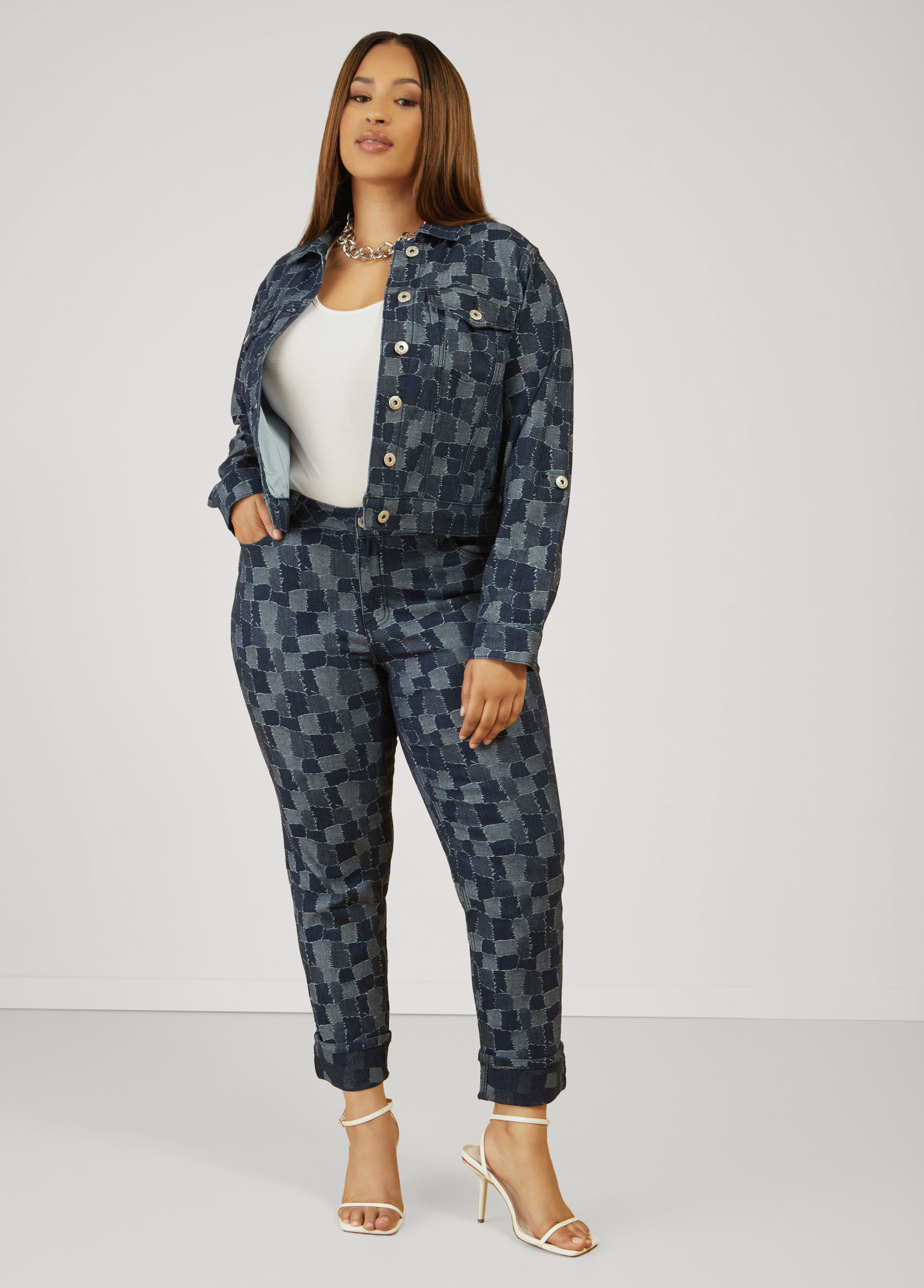 Plus Size Cuffed Patchwork Slim Leg Jeans, BLUE, 18 - Ashley Stewart