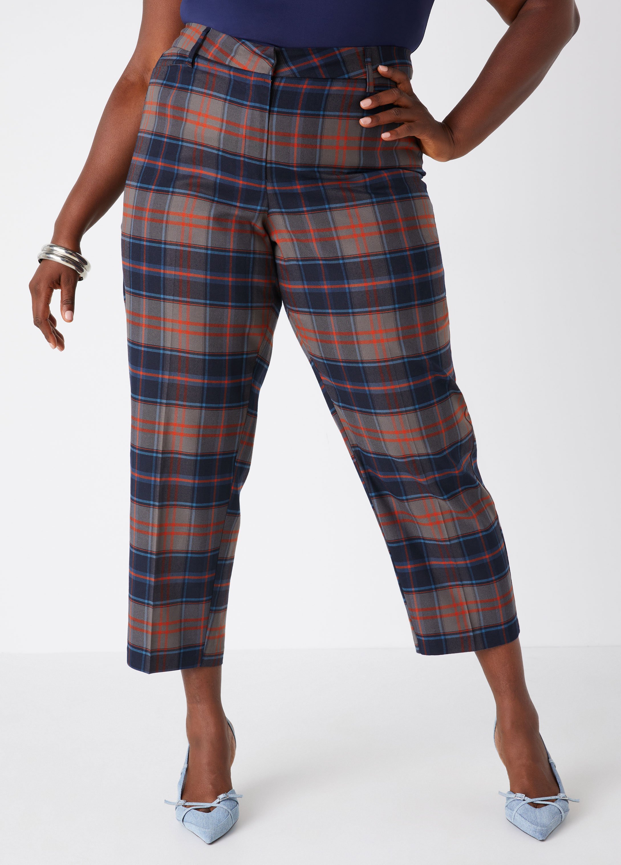 Plus Size Plaid Tapered Ankle Pants, BROWN, 18 - Ashley Stewart