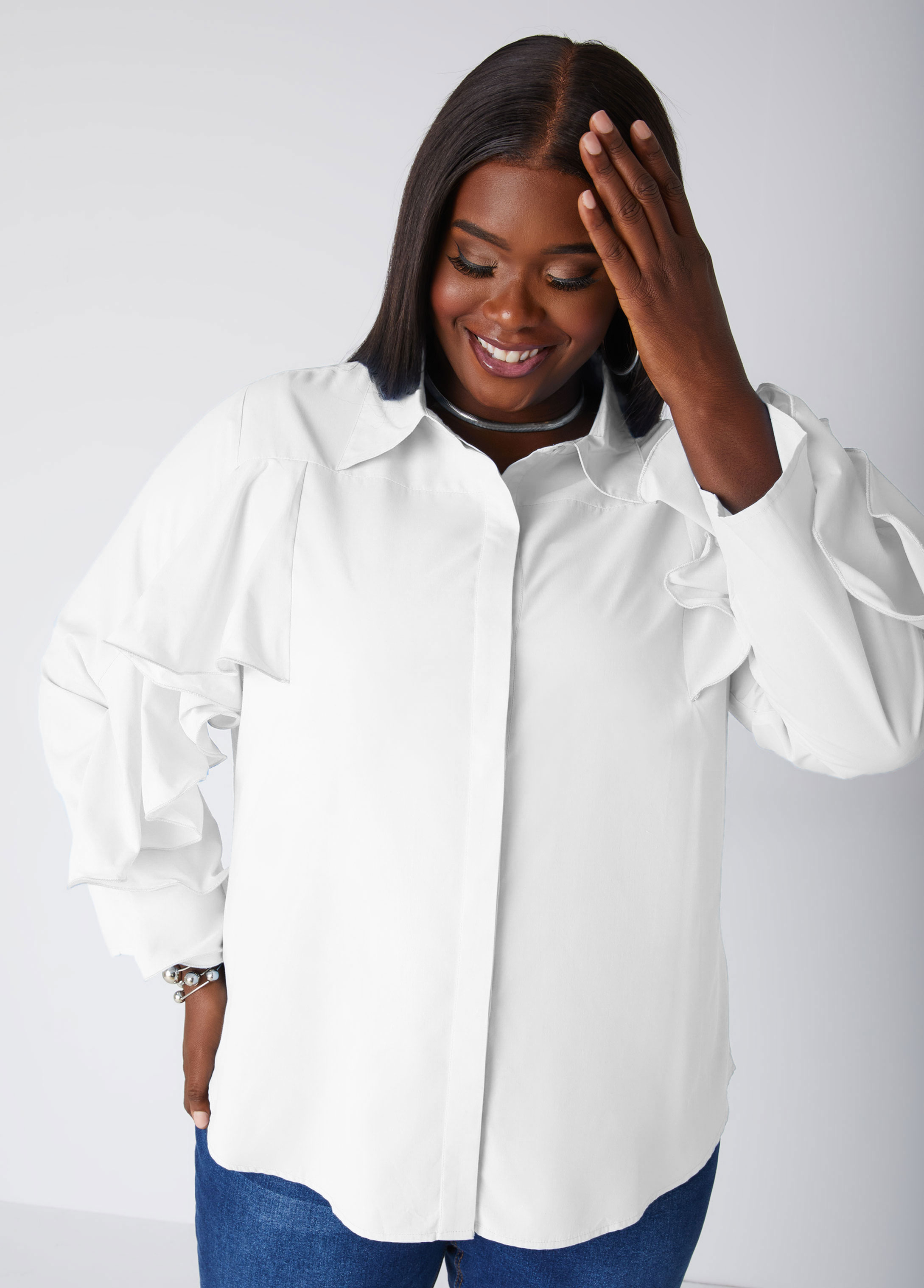 Plus Size Ruffle Trimmed Collared Shirt, WHITE, 36 - Ashley Stewart