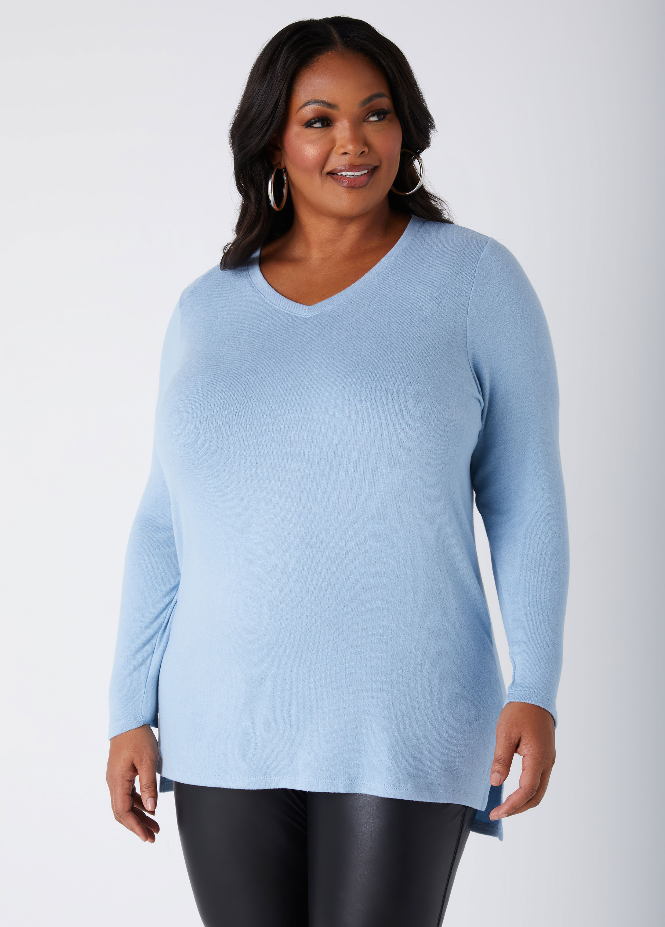 Plus Size Hacci Knit V Neck Top, BLUE, 14/16 - Ashley Stewart