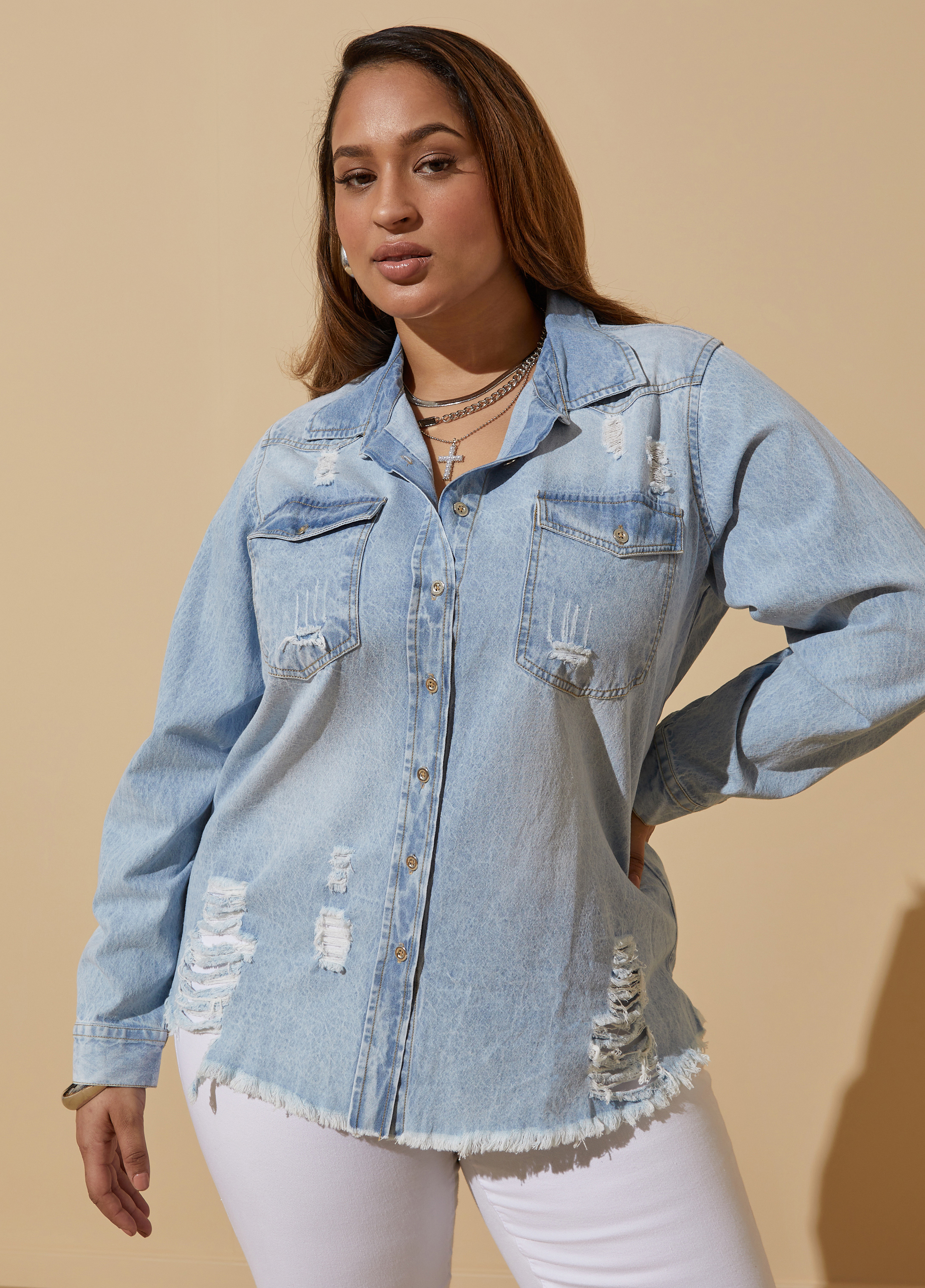 Plus Size Distressed Denim Shirt Jean Shirt Plus Size Chambray Top