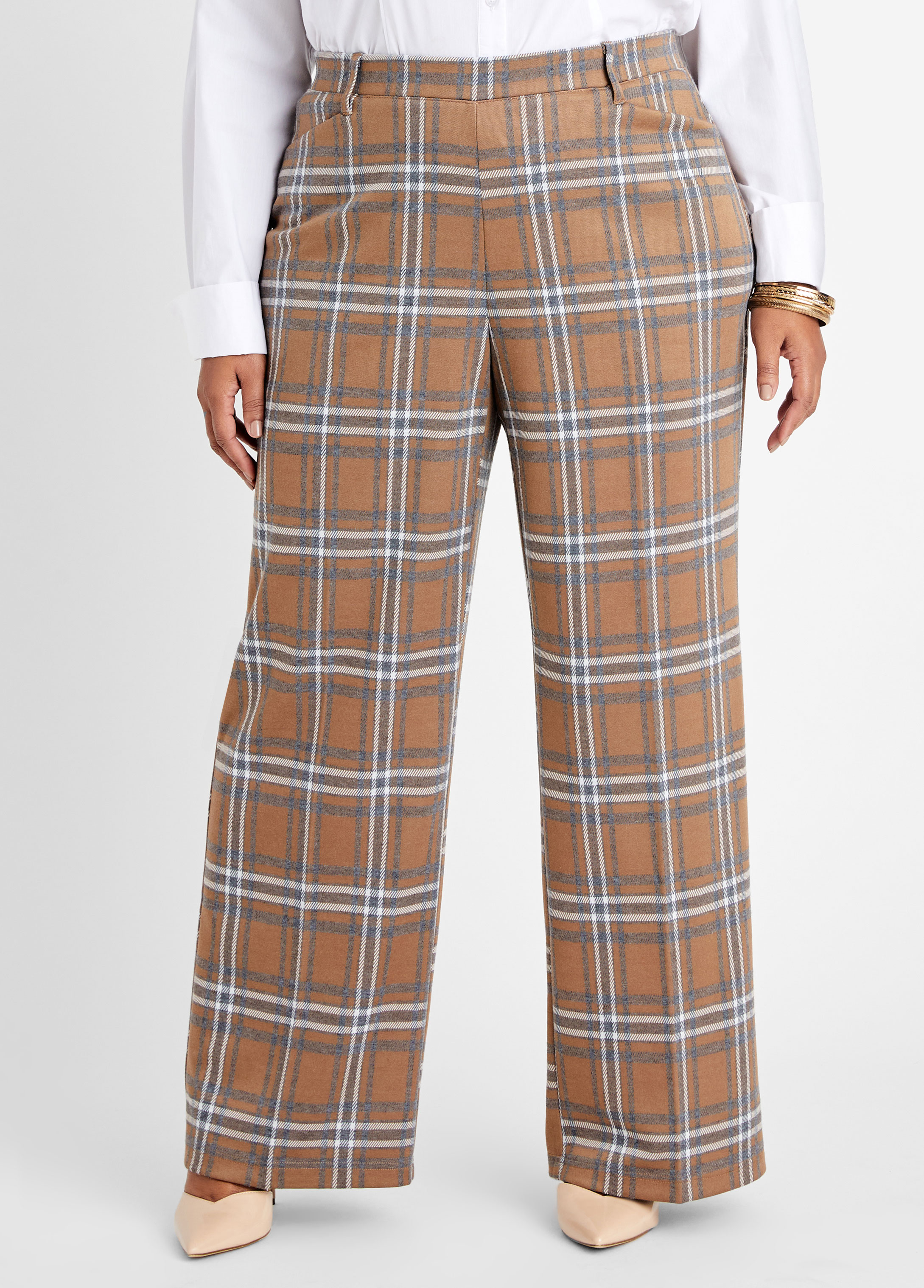 Plus Size wide leg pants plaid business casual bootcut pant