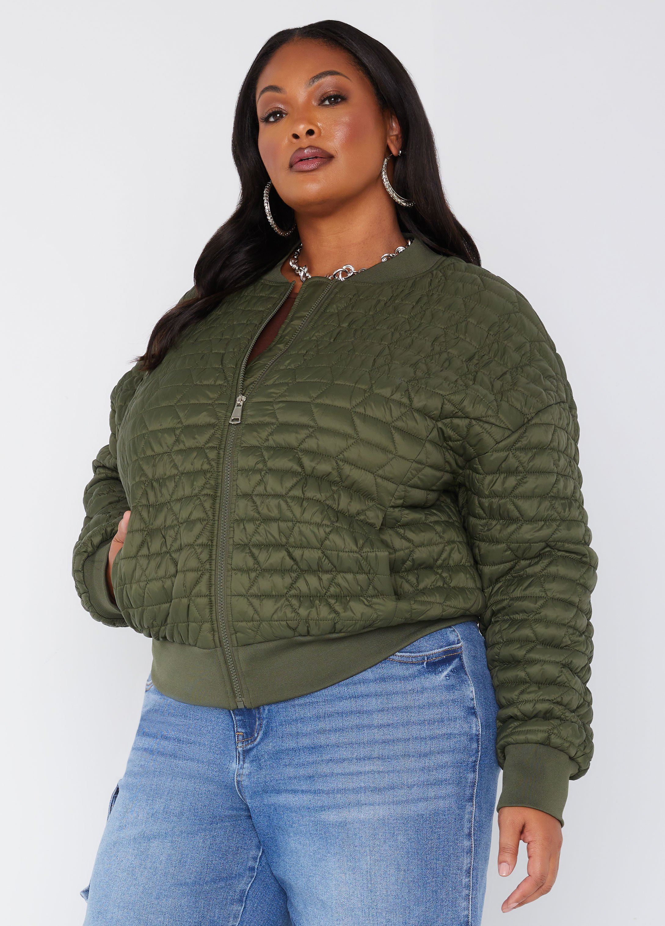 Plus Size Quilted Bomber Jacket, GREEN, 18/20 - Ashley Stewart