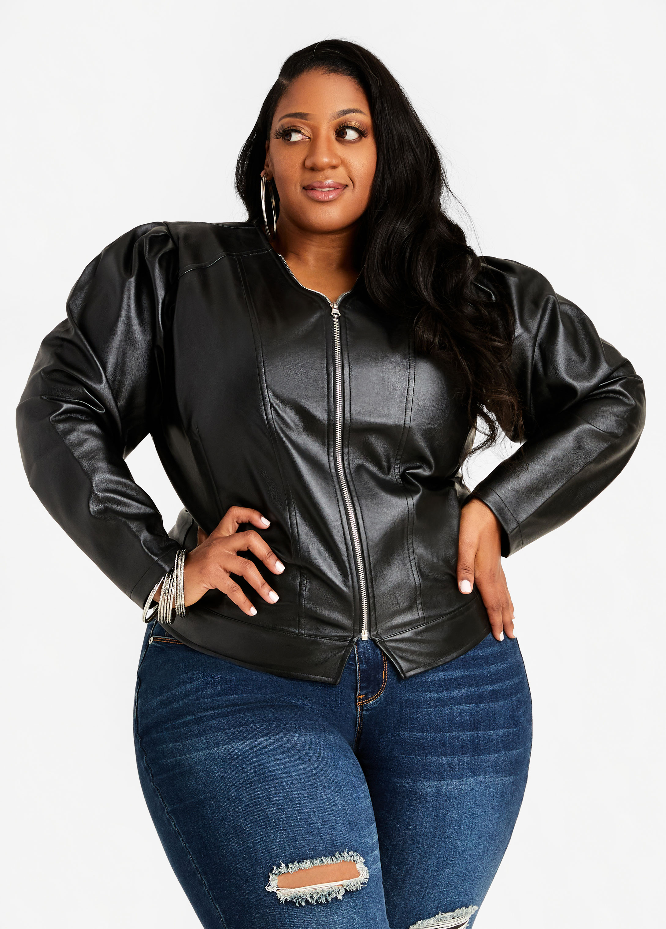Plus Size Faux Leather Puff Sleeve Collarless Trendy Zip Front Jacket