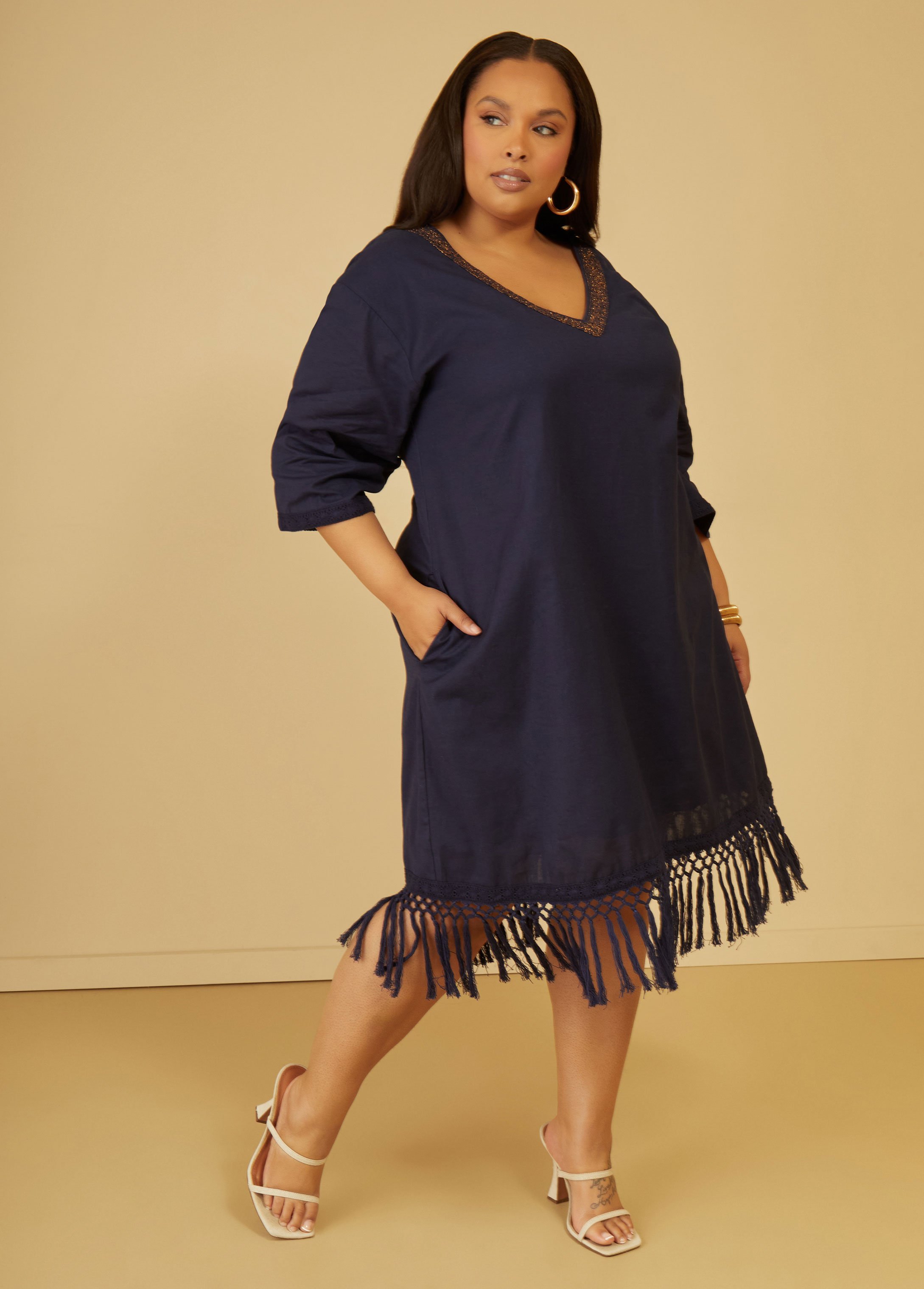 Fringed Linen Blend Dress