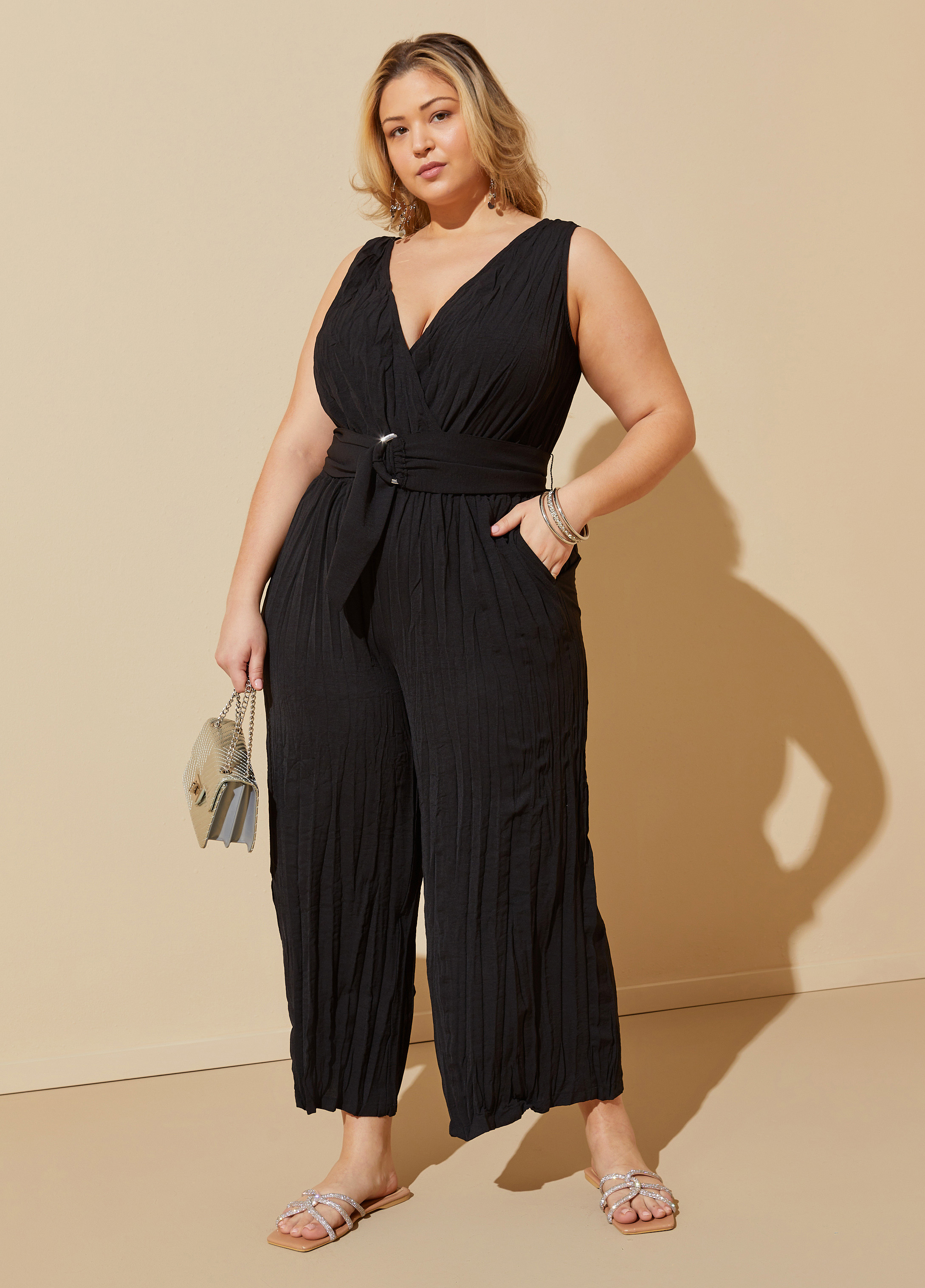 Plus Size Belted Crinkle Faux Wrap Jumpsuit, BLACK, 30/32 - Ashley Stewart