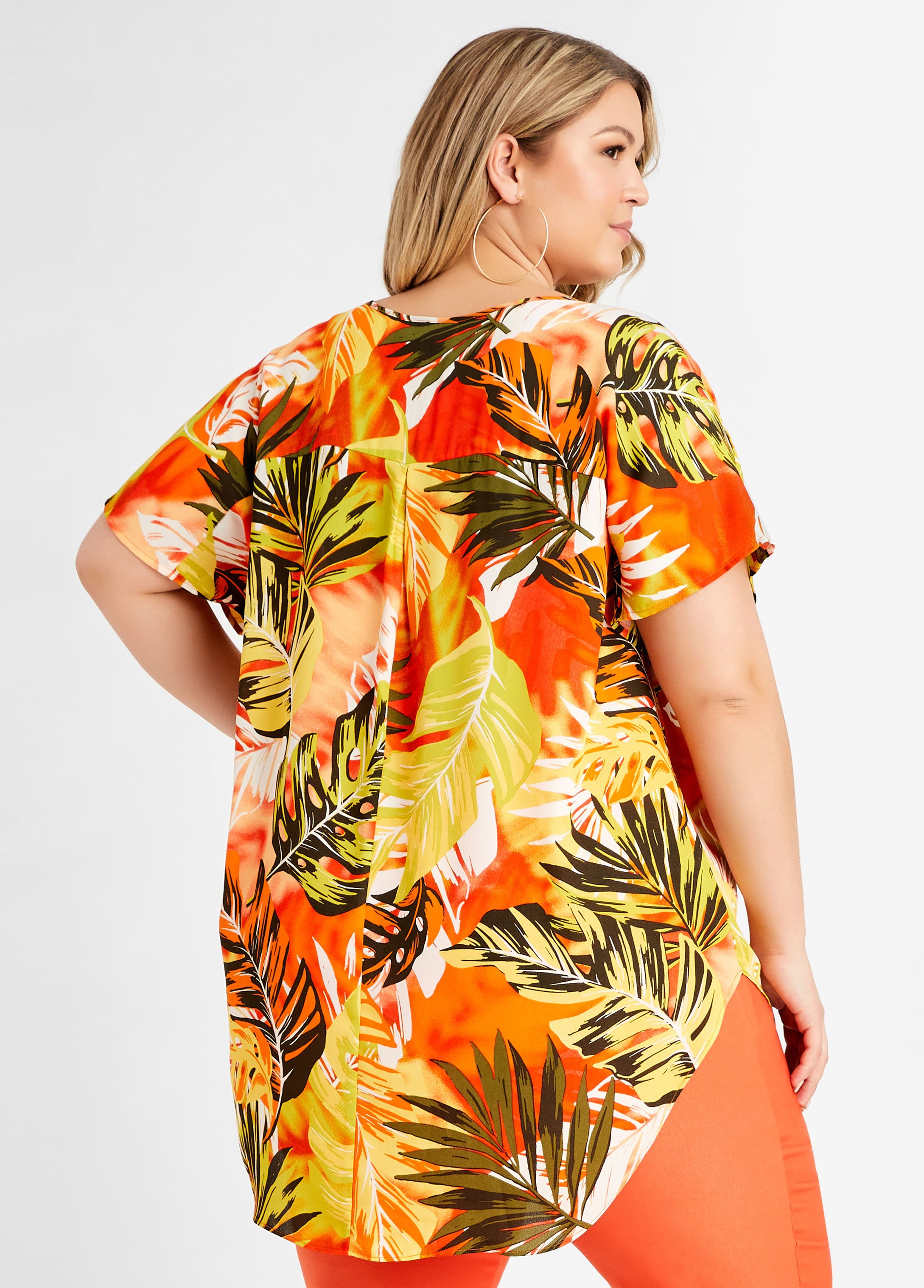 Plus Size Multicolor Semi Sheer Tropical Print Hi Low Cape Blouse Top 8784