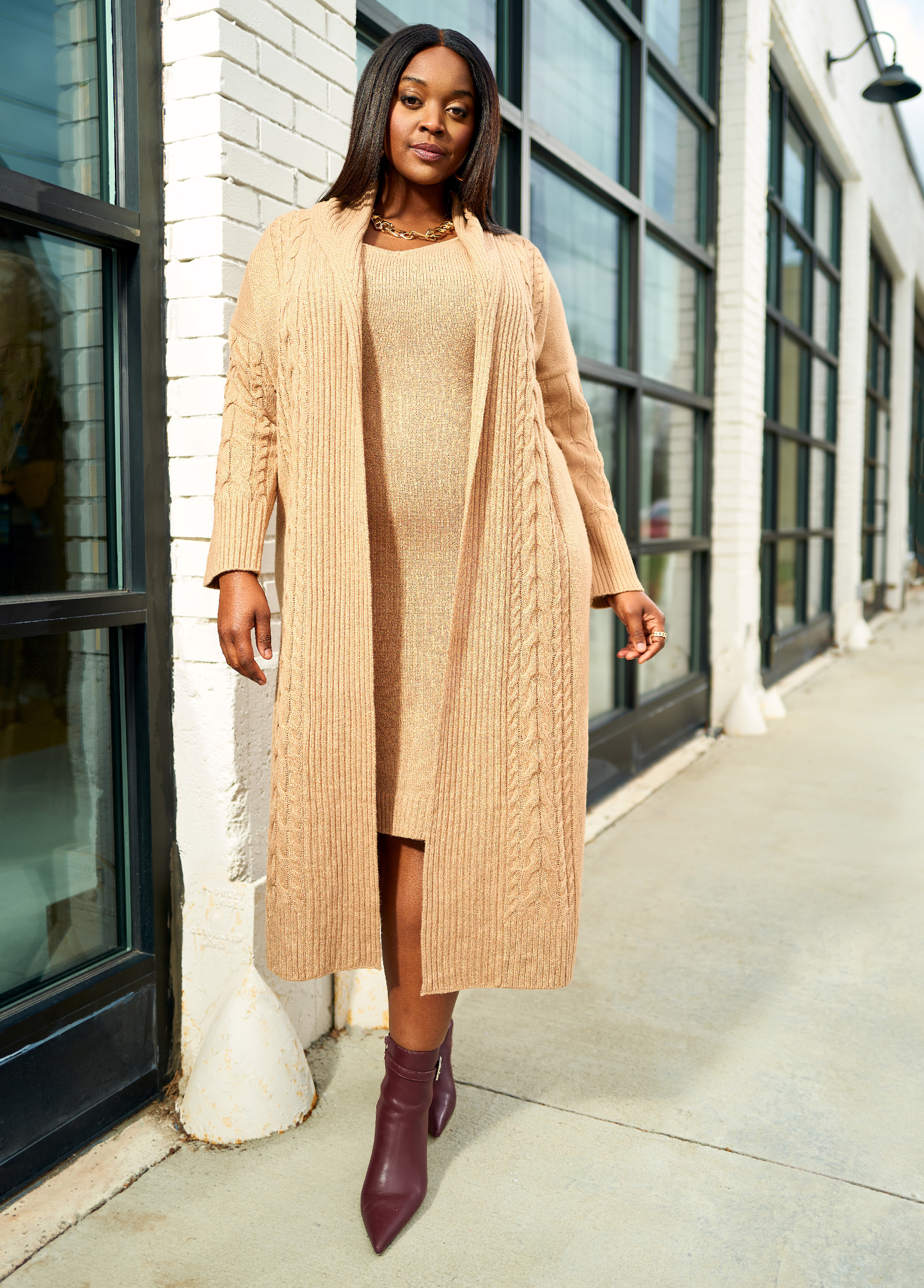 Express, Cable Knit Duster Cardigan in Light Mocha