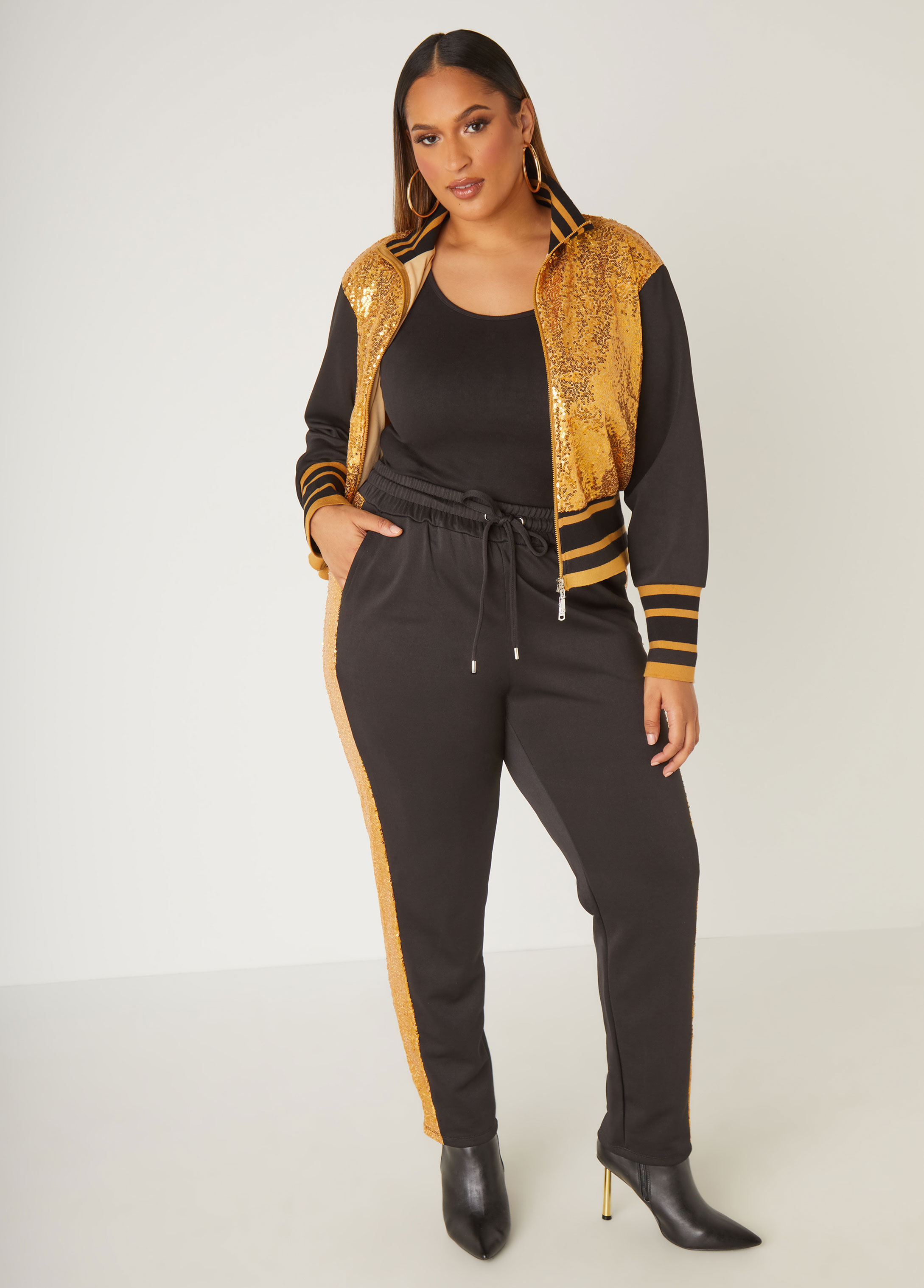 Plus Size Sequin Trimmed Joggers, BLACK, 26/28 - Ashley Stewart