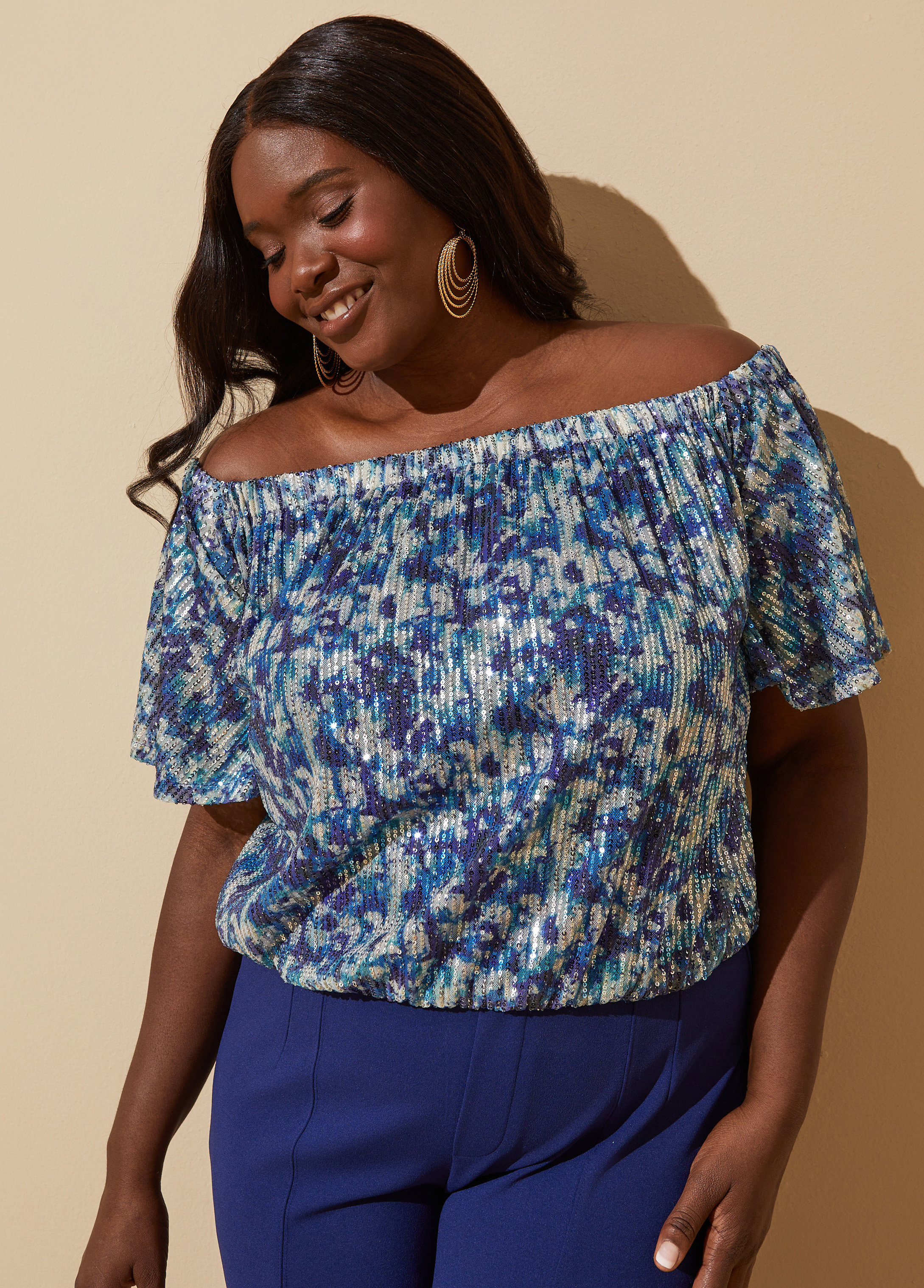 Plus size off the shoulder store sequin top