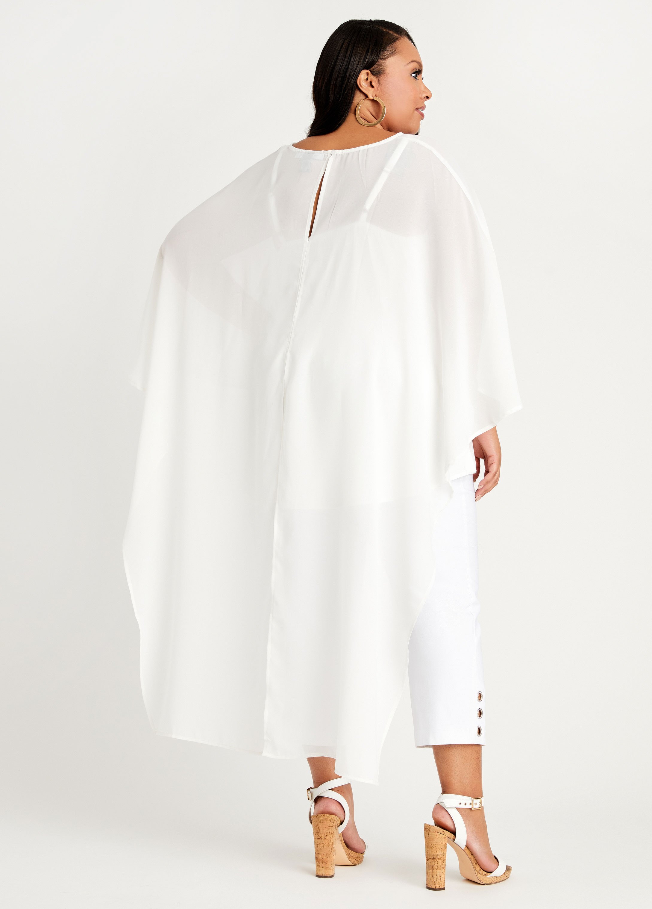 Plus Size Trendy White Cape Layered Poncho Blouse Slit Back Hi Low Top