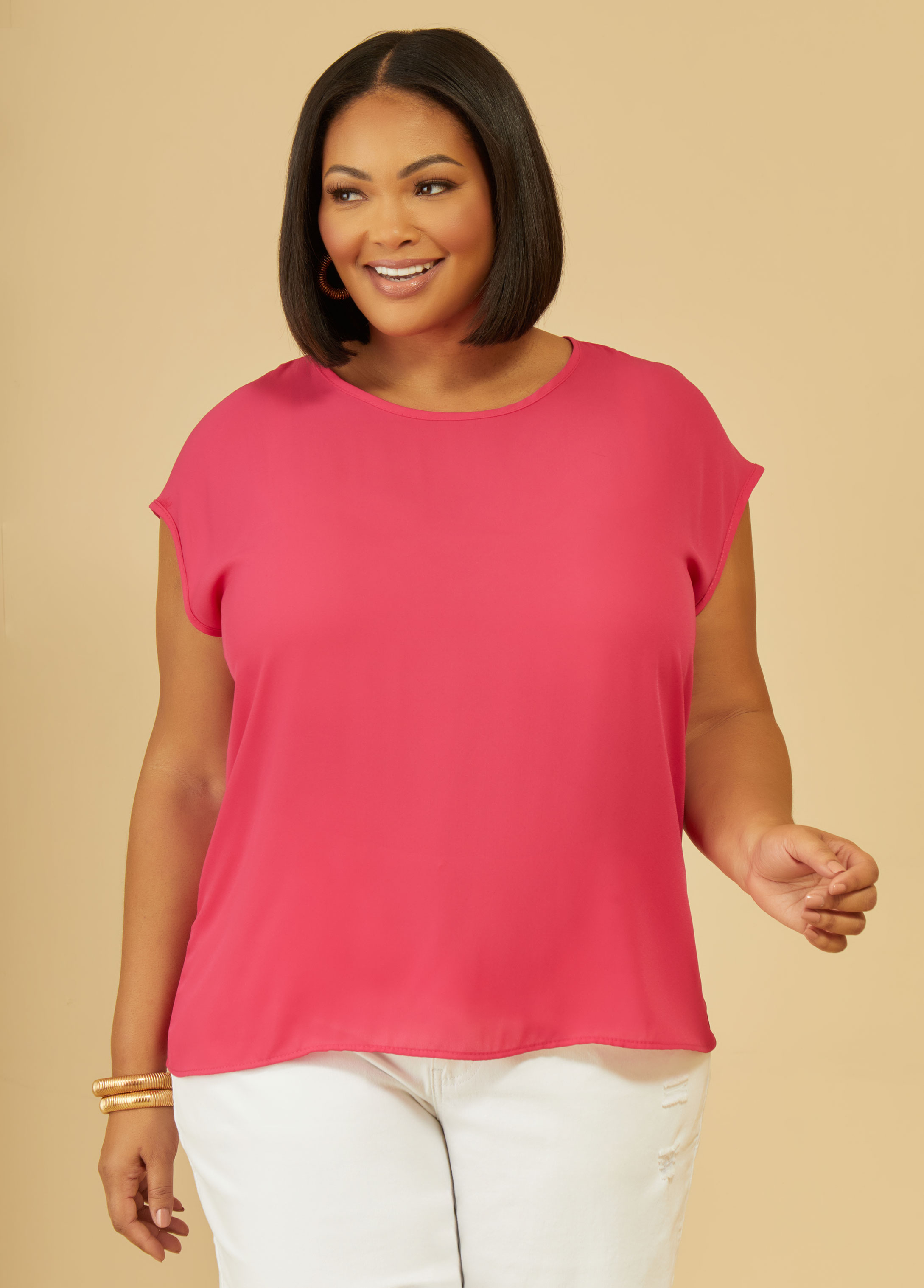 Plus Size Cap Sleeved Blouse, PINK, 10/12 - Ashley Stewart