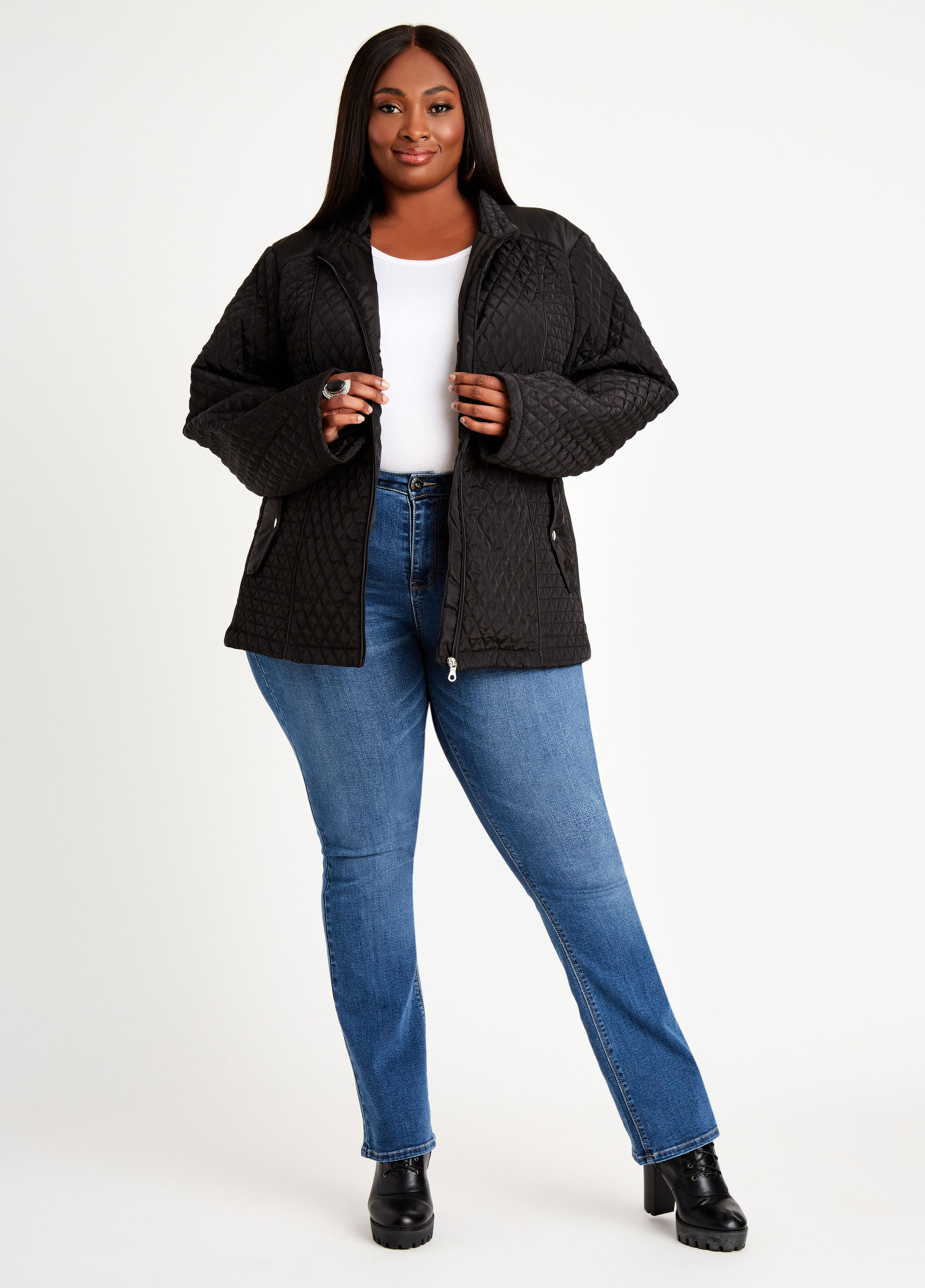 Plus Size Quilted Moto Knit Sides Zip Front Lightweight Jacket