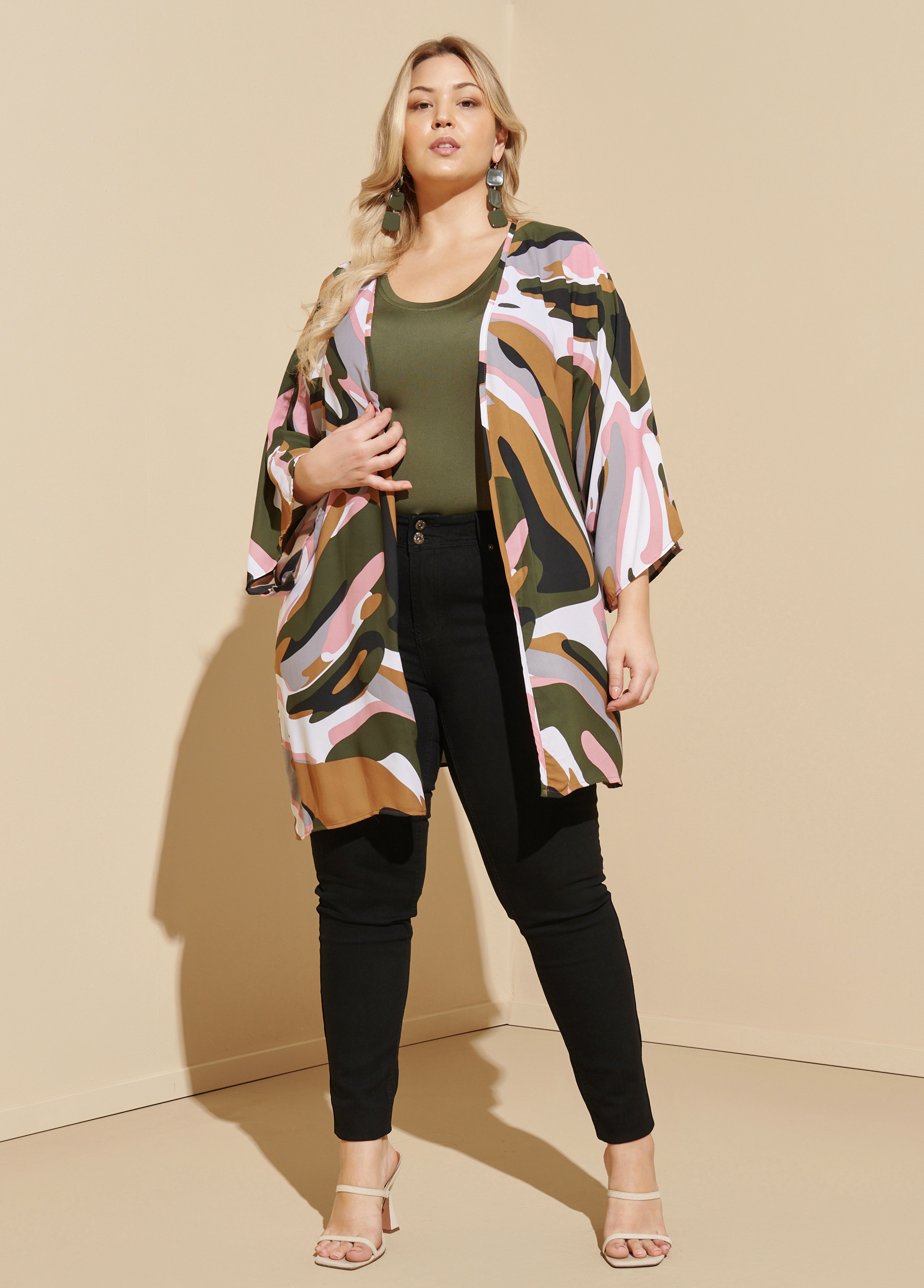 Ashley Stewart Plus Size Abstract Print Crepe Kimono