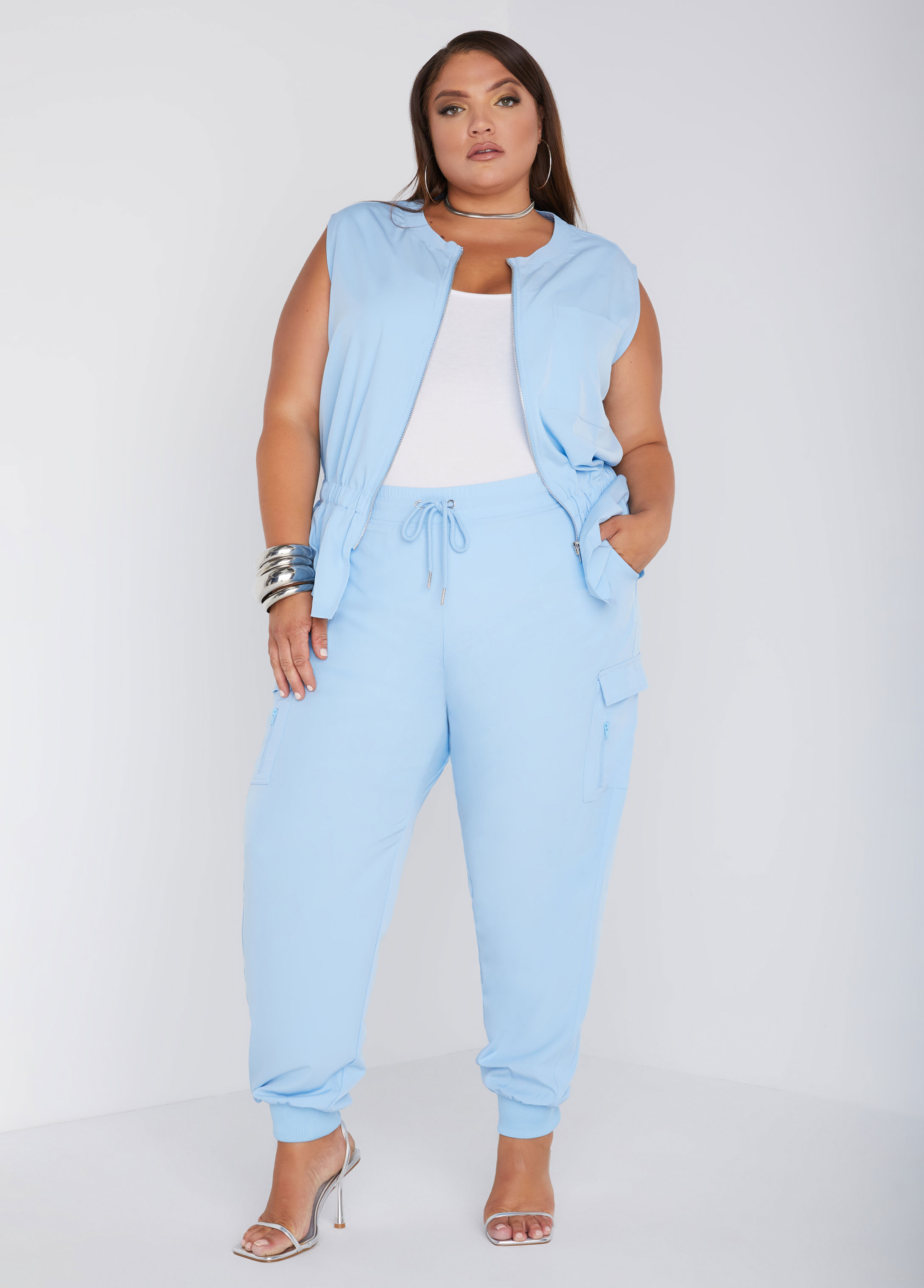 Plus Size Mid Rise Drawstring Cargo Joggers, BLUE, 26/28 - Ashley Stewart