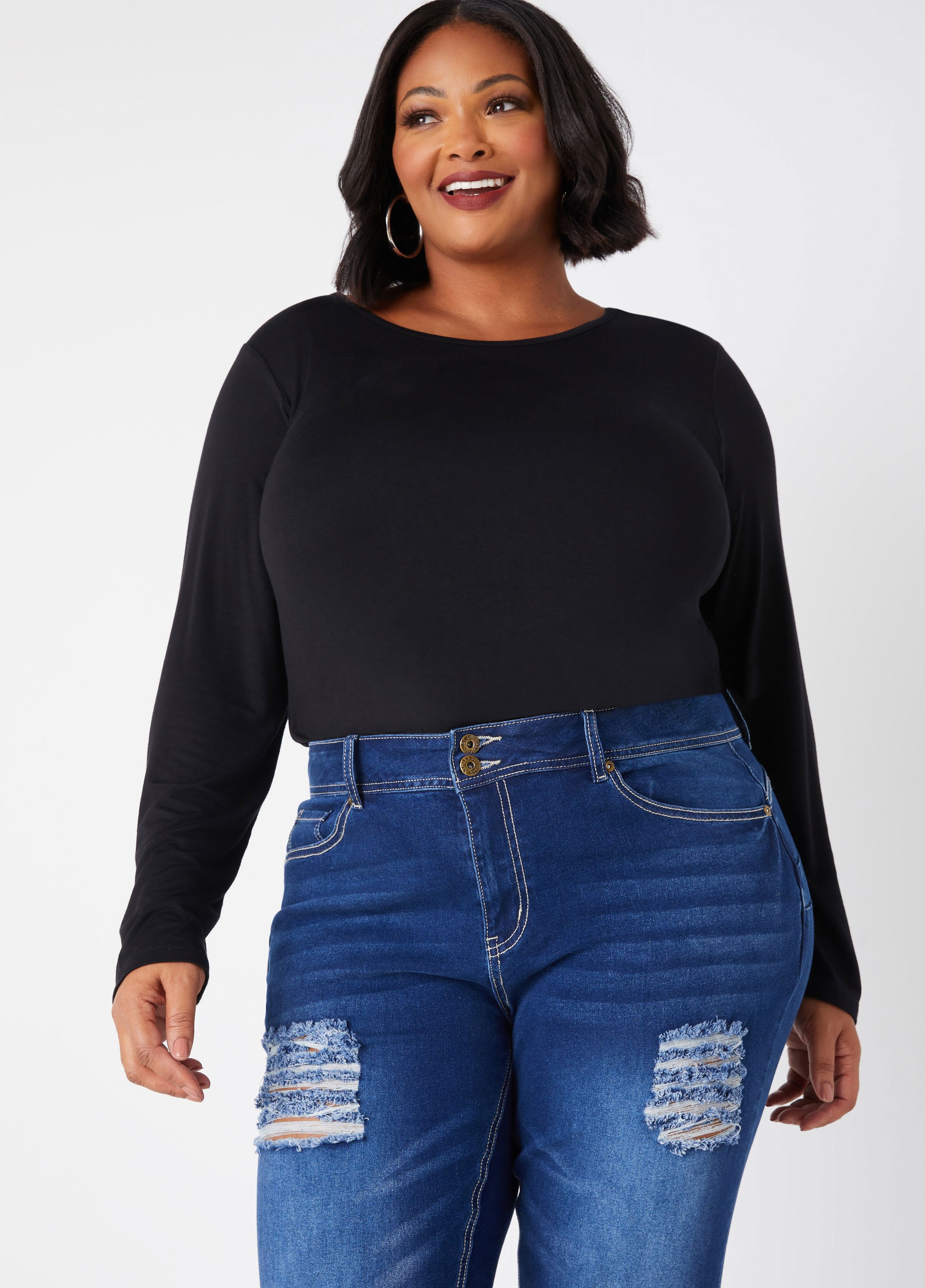 Plus Size Basic Long Sleeved Tee, BLACK, 30/32 - Ashley Stewart