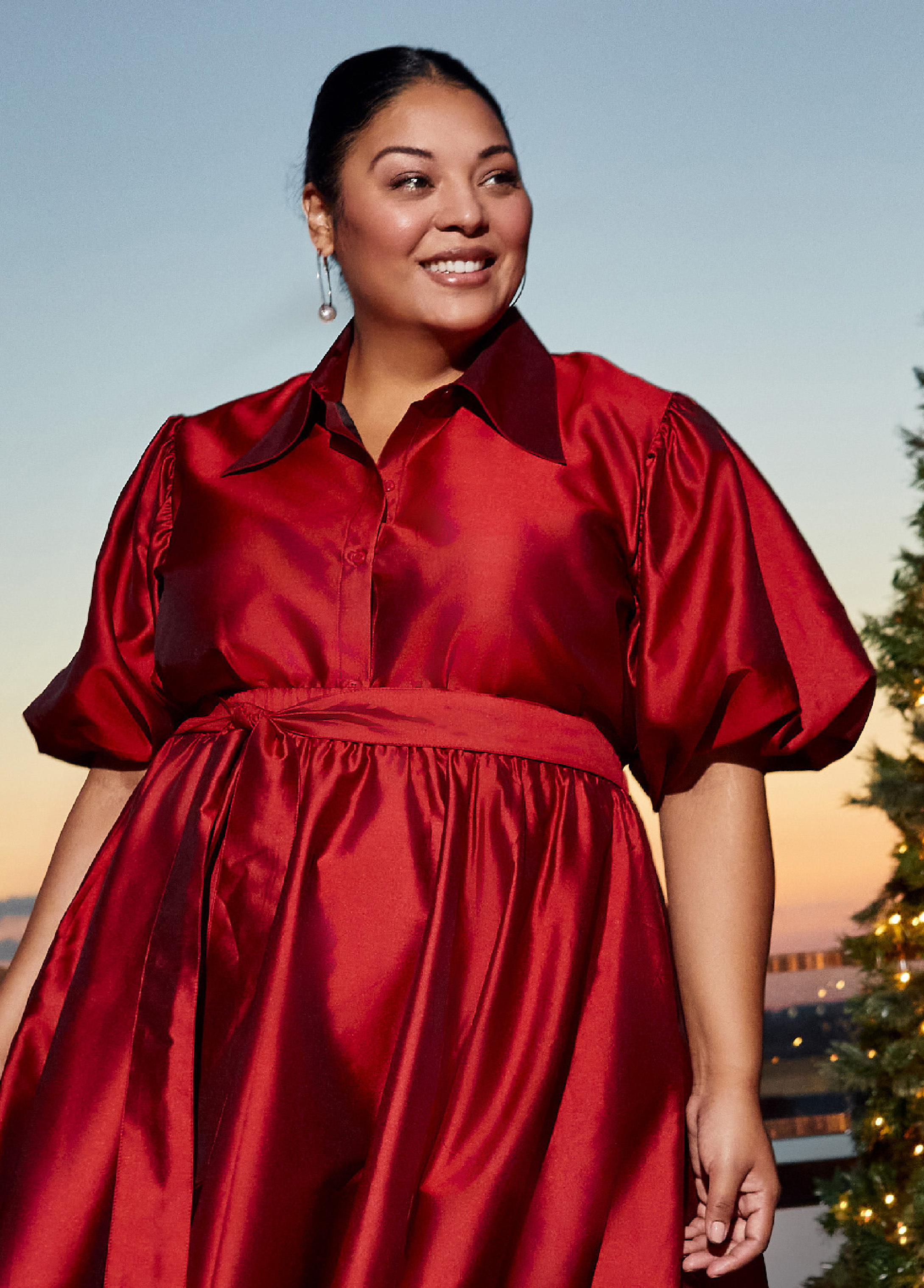 Plus Size Taffeta Puffed Sleeve Shirt, RED, 14 - Ashley Stewart