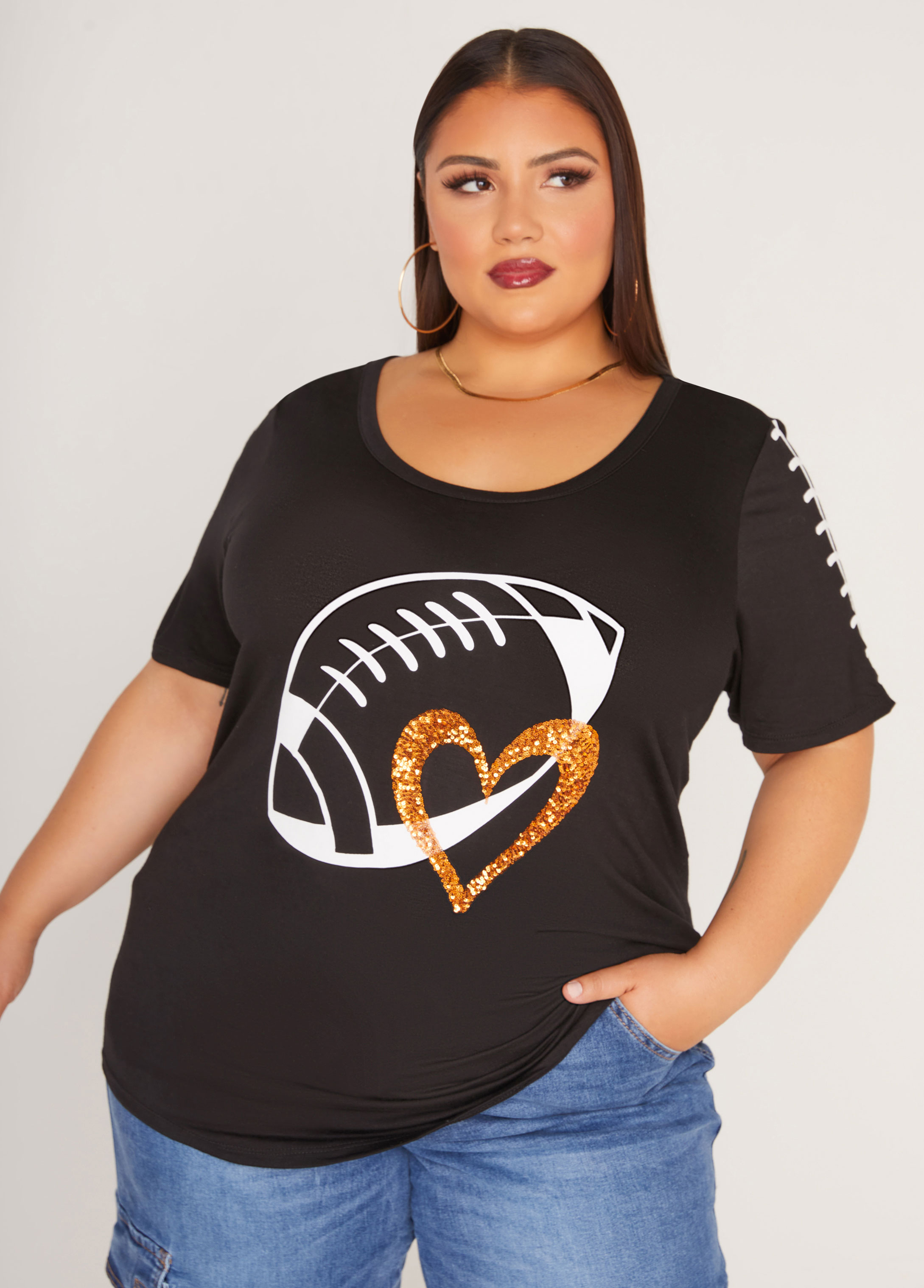 Plus Size Football Love Sequined Graphic Tee, BLACK, 30/32 - Ashley Stewart