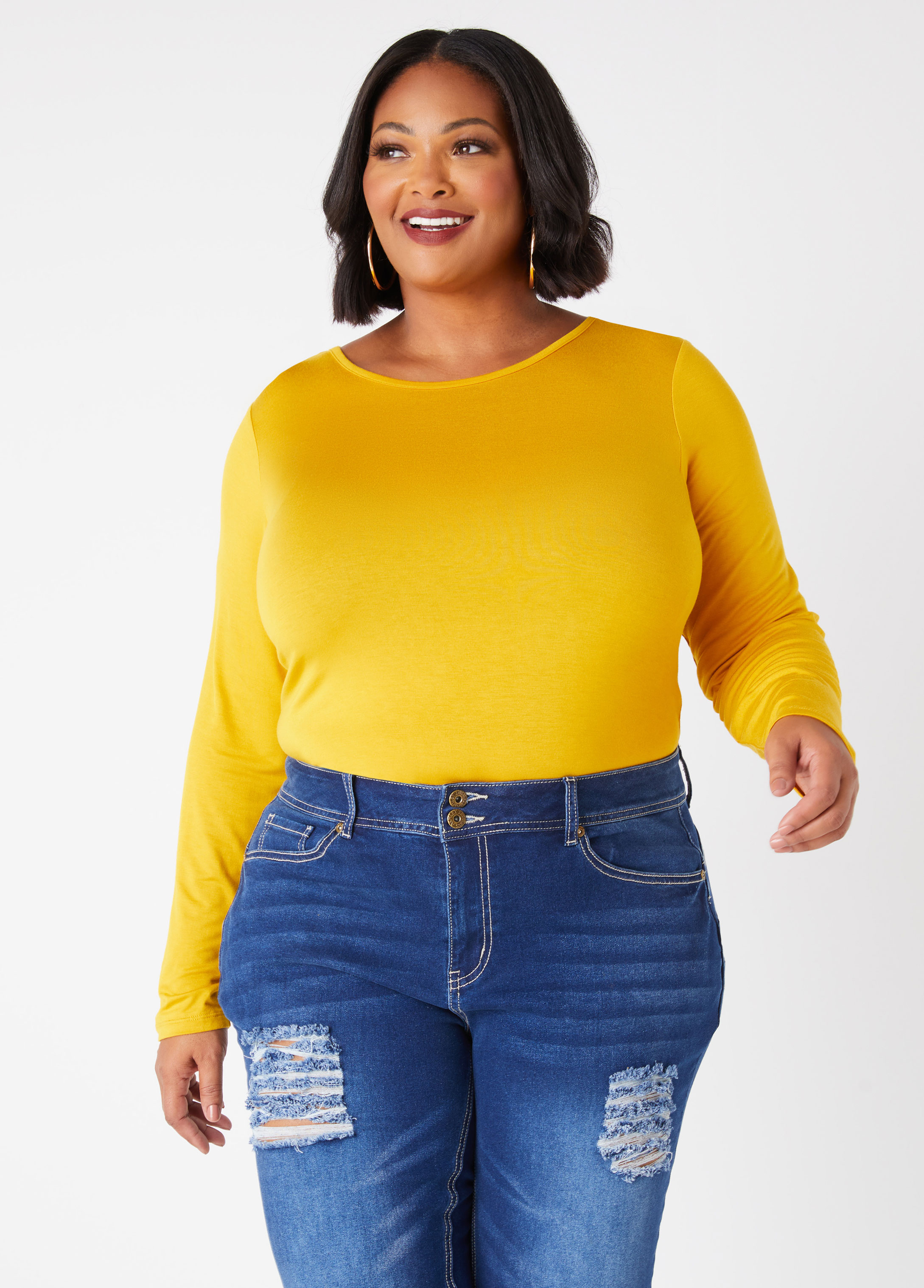 Plus Size Basic Long Sleeved Jersey Tee, YELLOW, 34/36 - Ashley Stewart