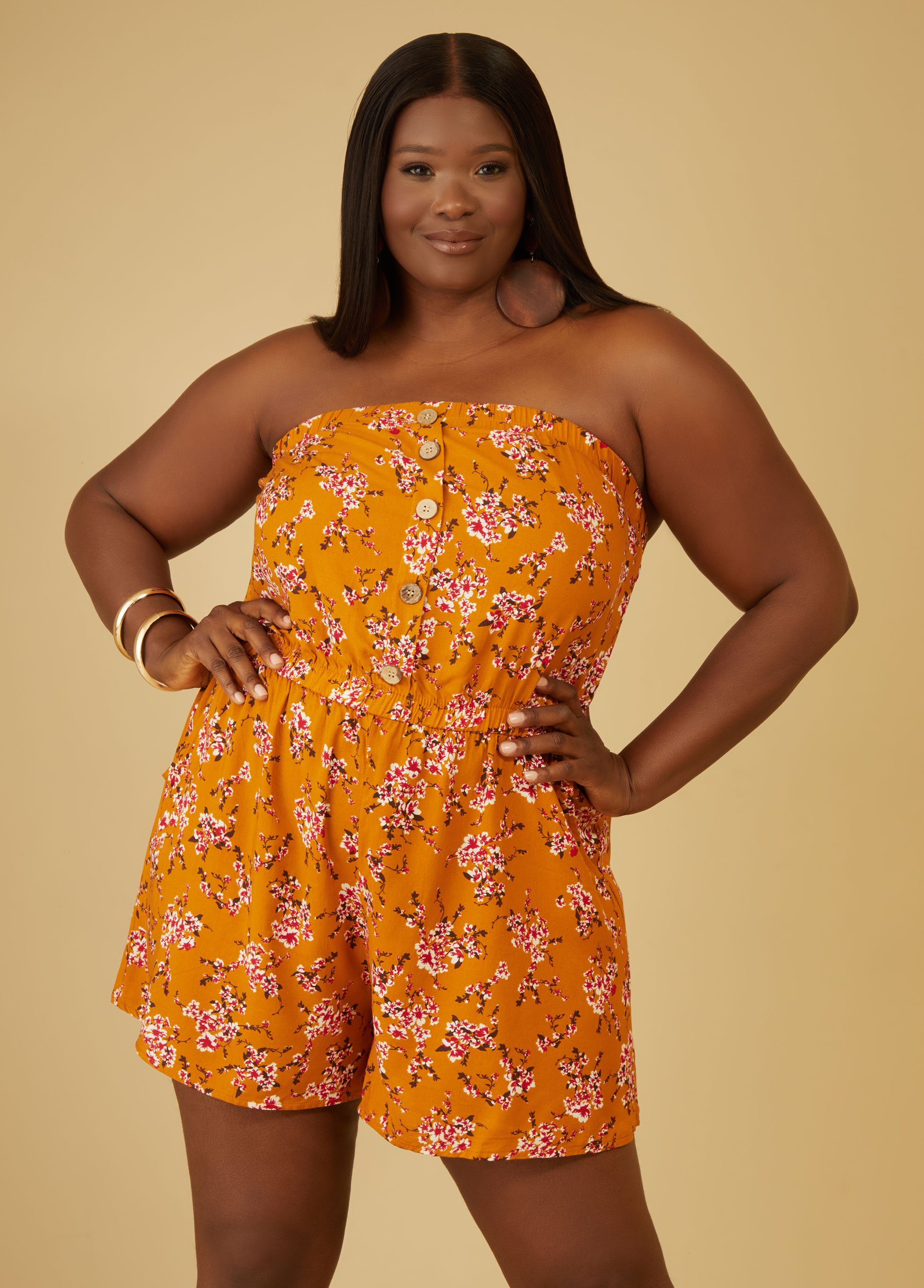 Plus Size Floral Print Strapless Romper, YELLOW, 1X - Ashley Stewart