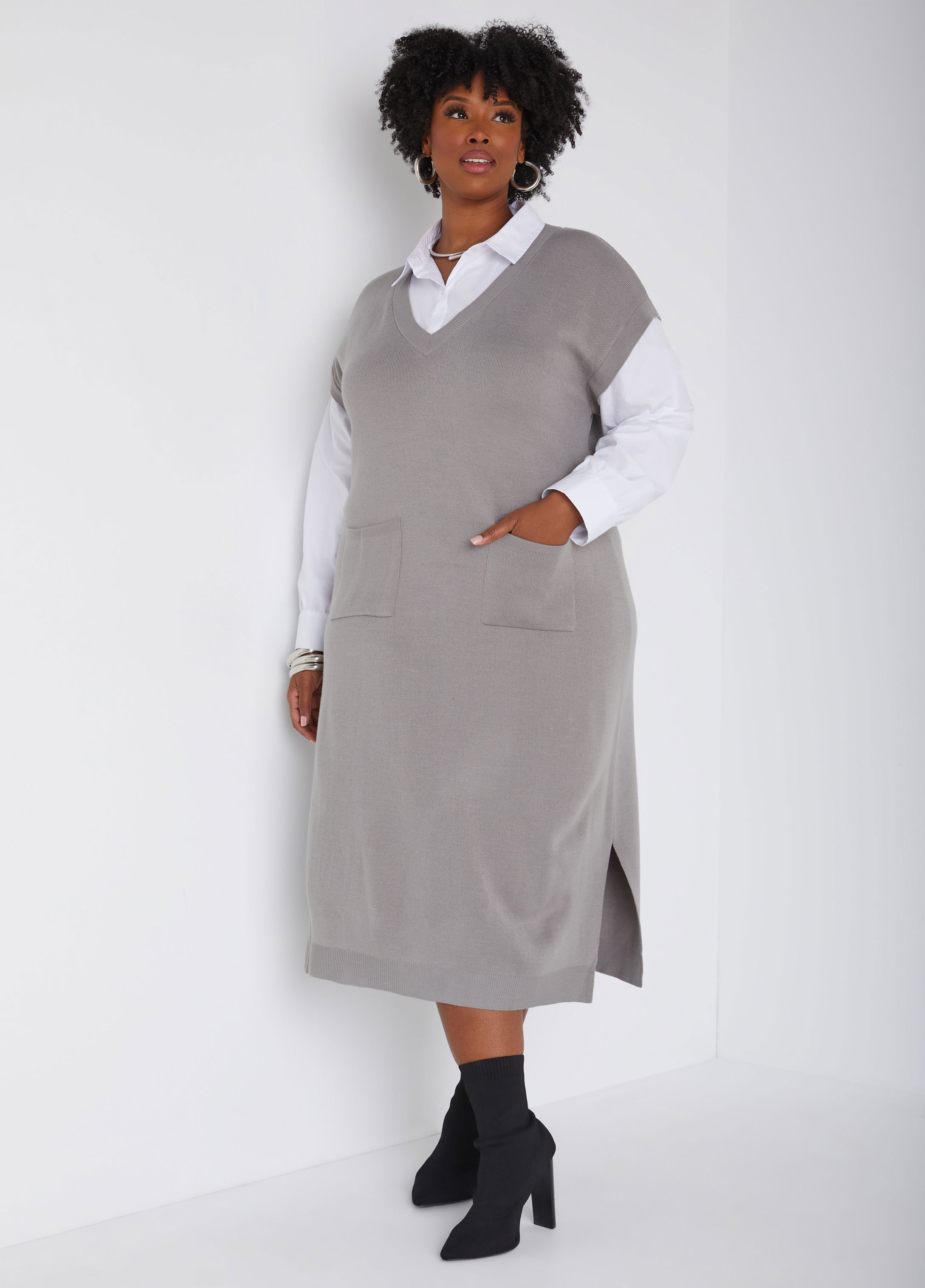 Plus Size Poplin Paneled Sweater Dress, GREY, 14/16 - Ashley Stewart