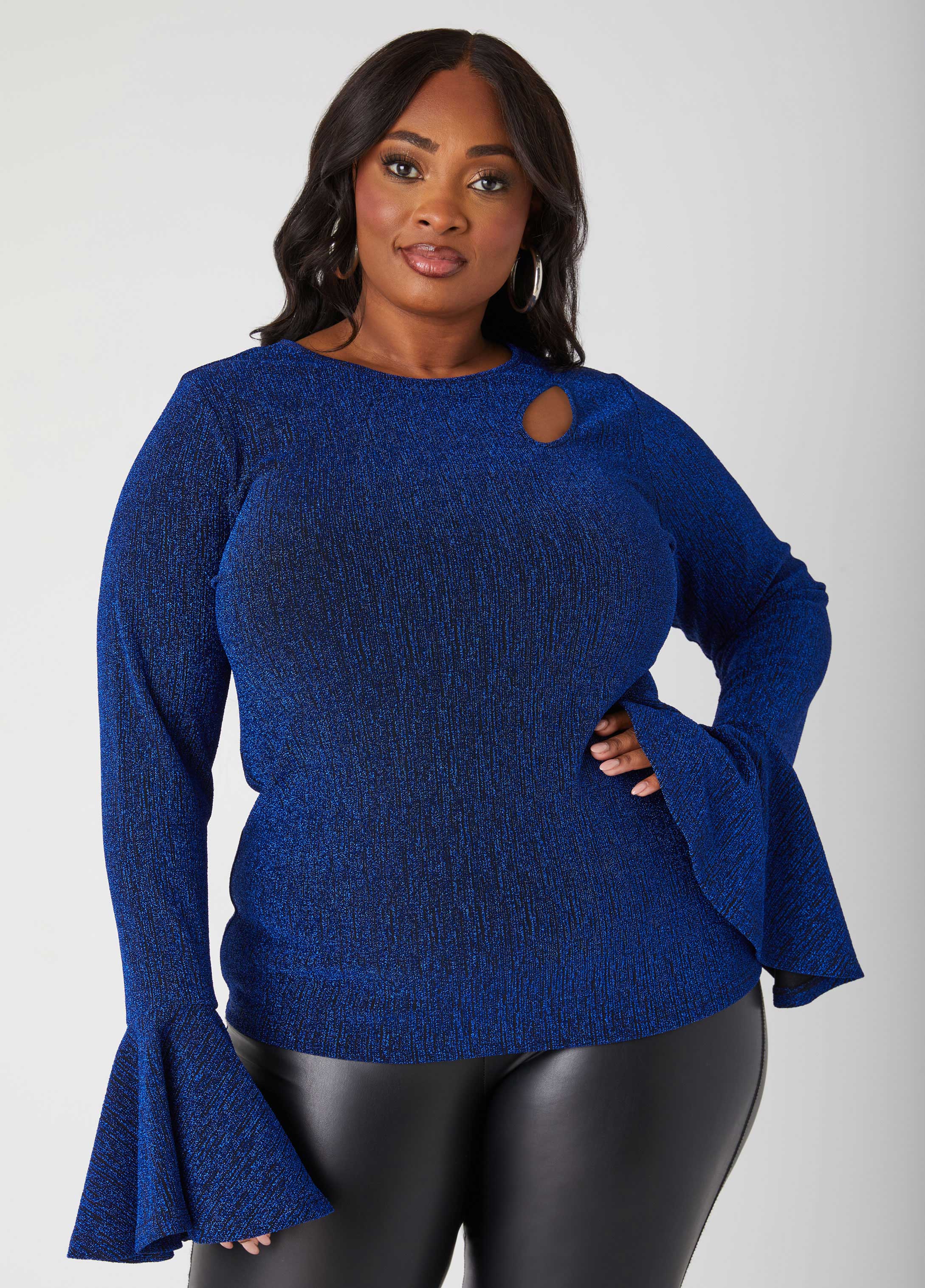 Plus Size Metallic Cutout Knit Top, BLUE, 10/12 - Ashley Stewart