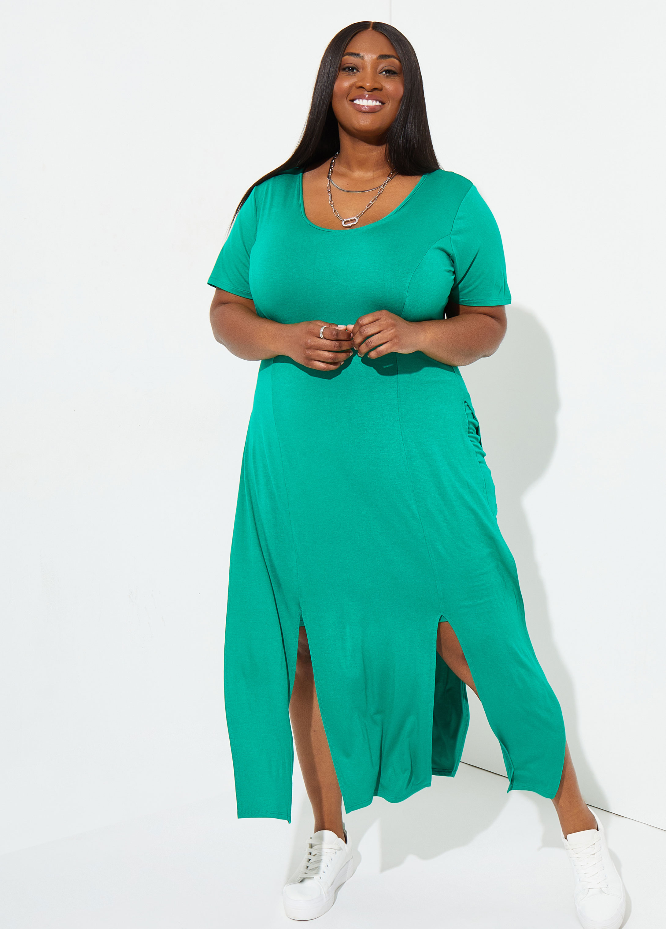 Women's Plus Green Jersey Thigh Split Midi Skirt - Size 16