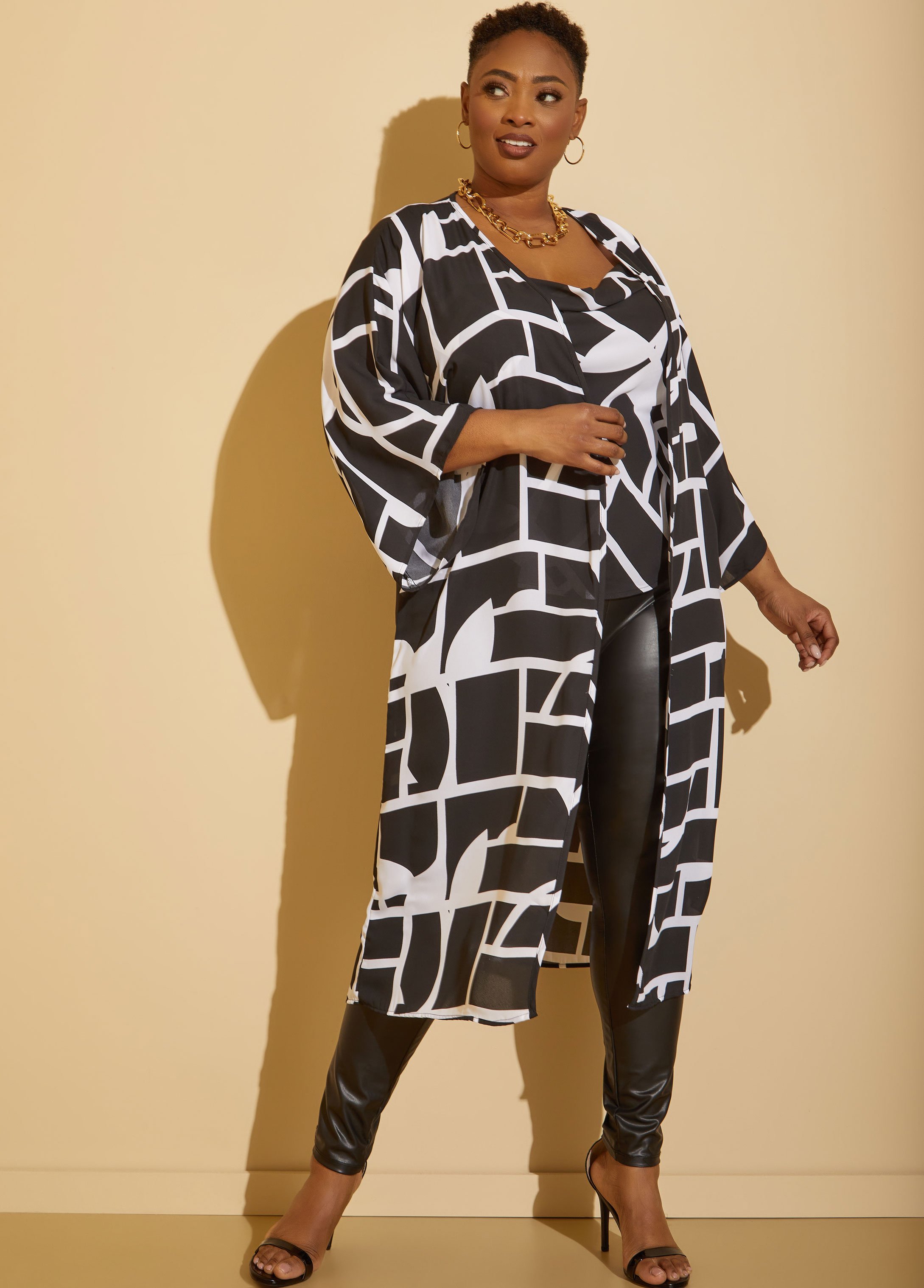 Plus Size Geo Print Kimono, BLACK, 22/24 - Ashley Stewart