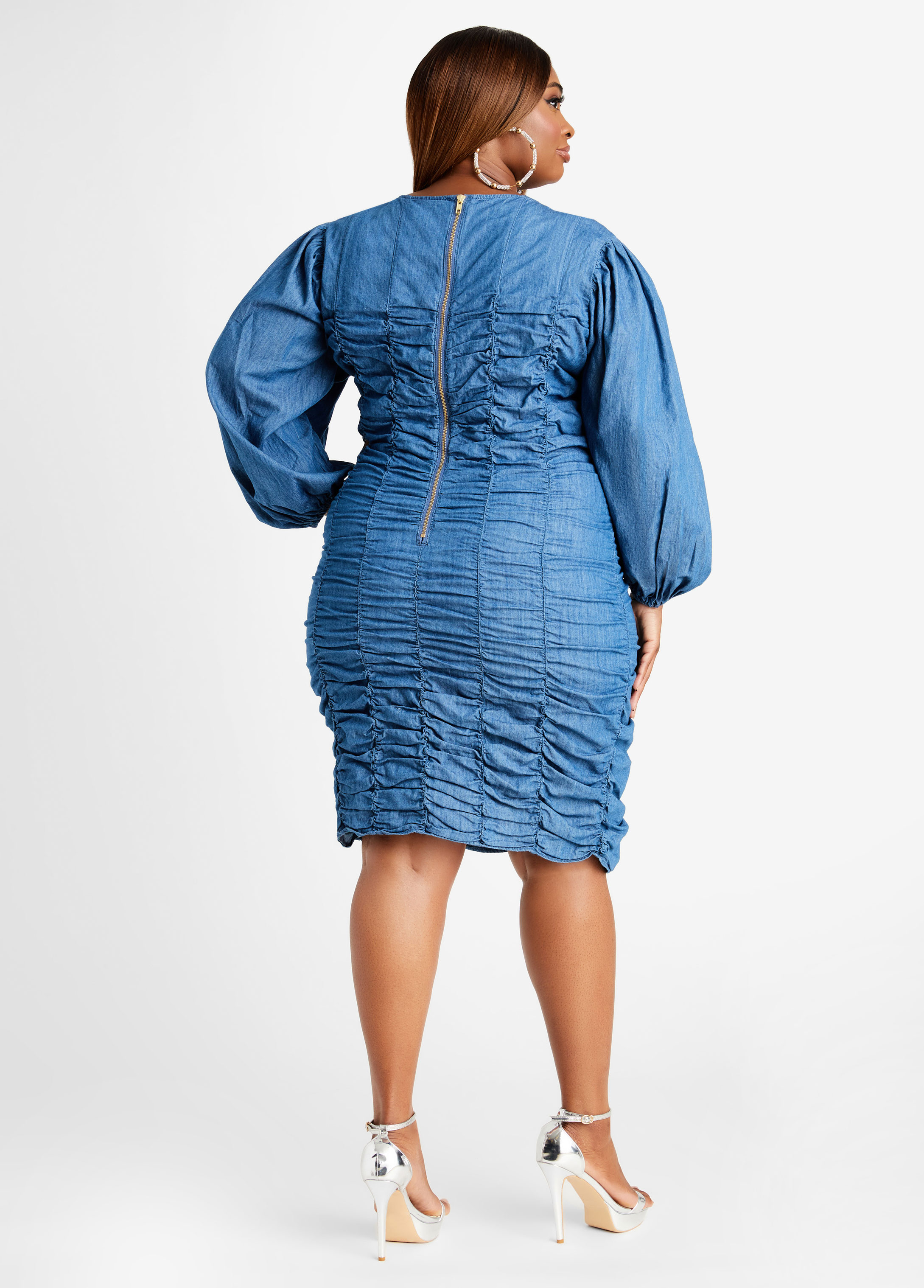 Ruched Denim Puff Sleeve Dress