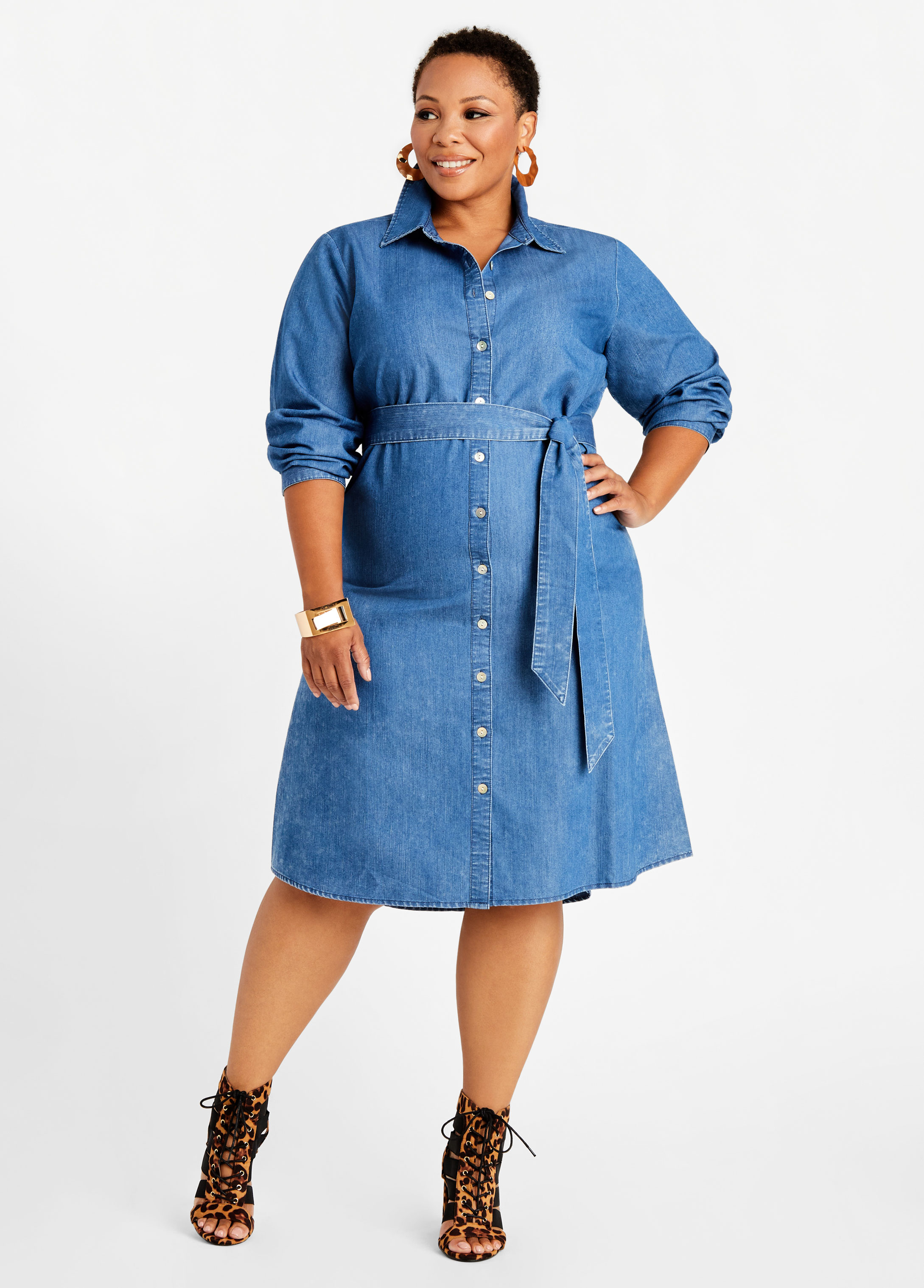 Plus Size Best Denim Belted Sash Tie Waist Button Up Midi Shirtdress