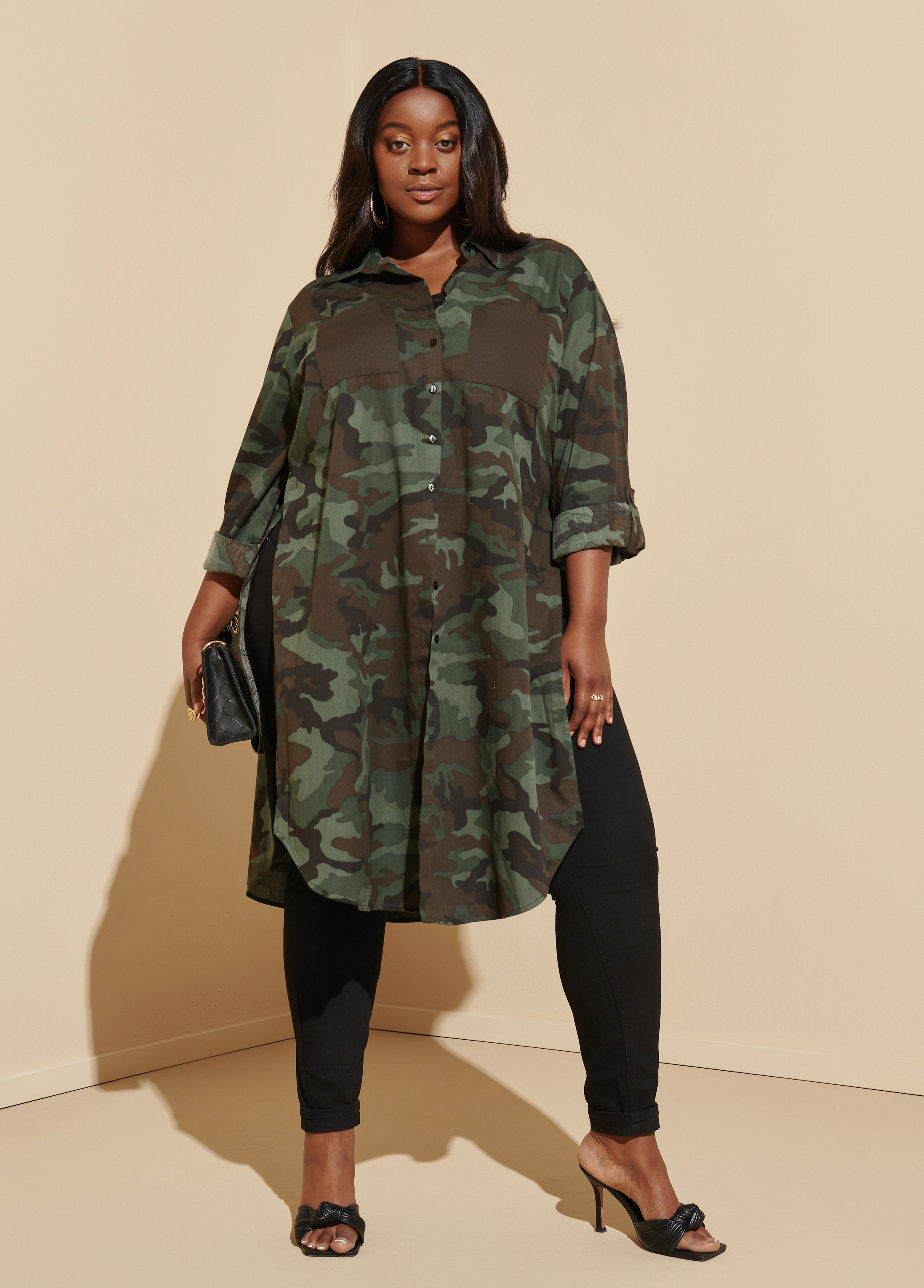 Plus size shop camo shirt dress