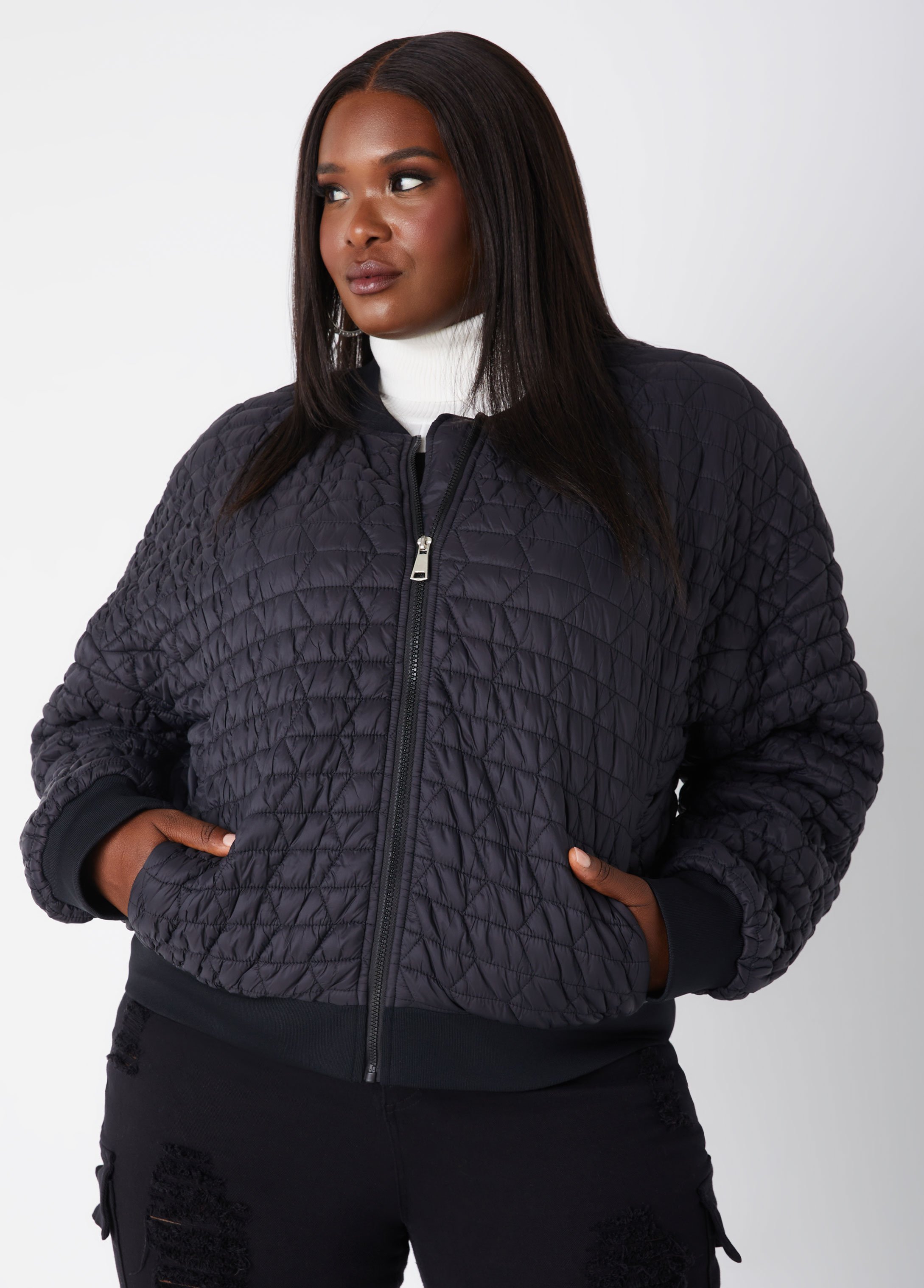 Plus Size Quilted Bomber Jacket, BLACK, 30/32 - Ashley Stewart