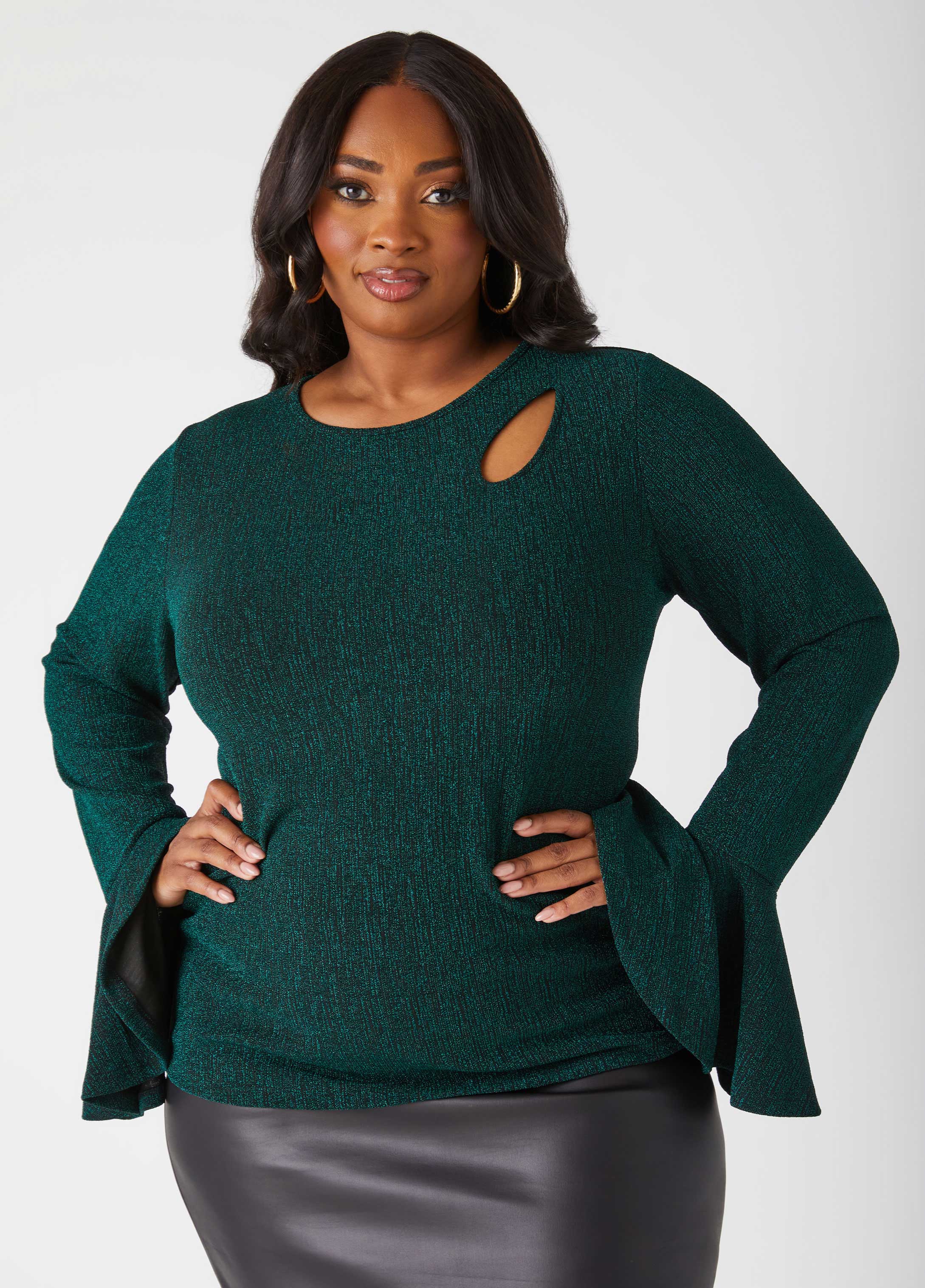 Plus Size Metallic Cutout Knit Top, GREEN, 34/36 - Ashley Stewart