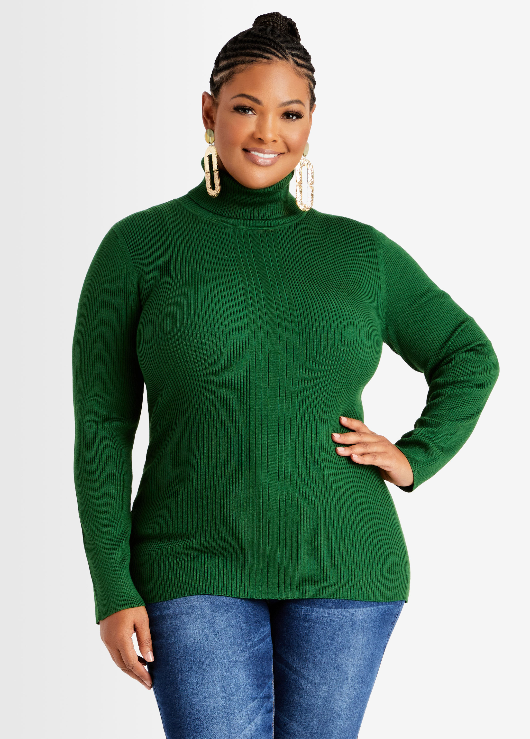 Plus Size Classic Stretch Ribbed Knit Fitted Turtleneck Sweater