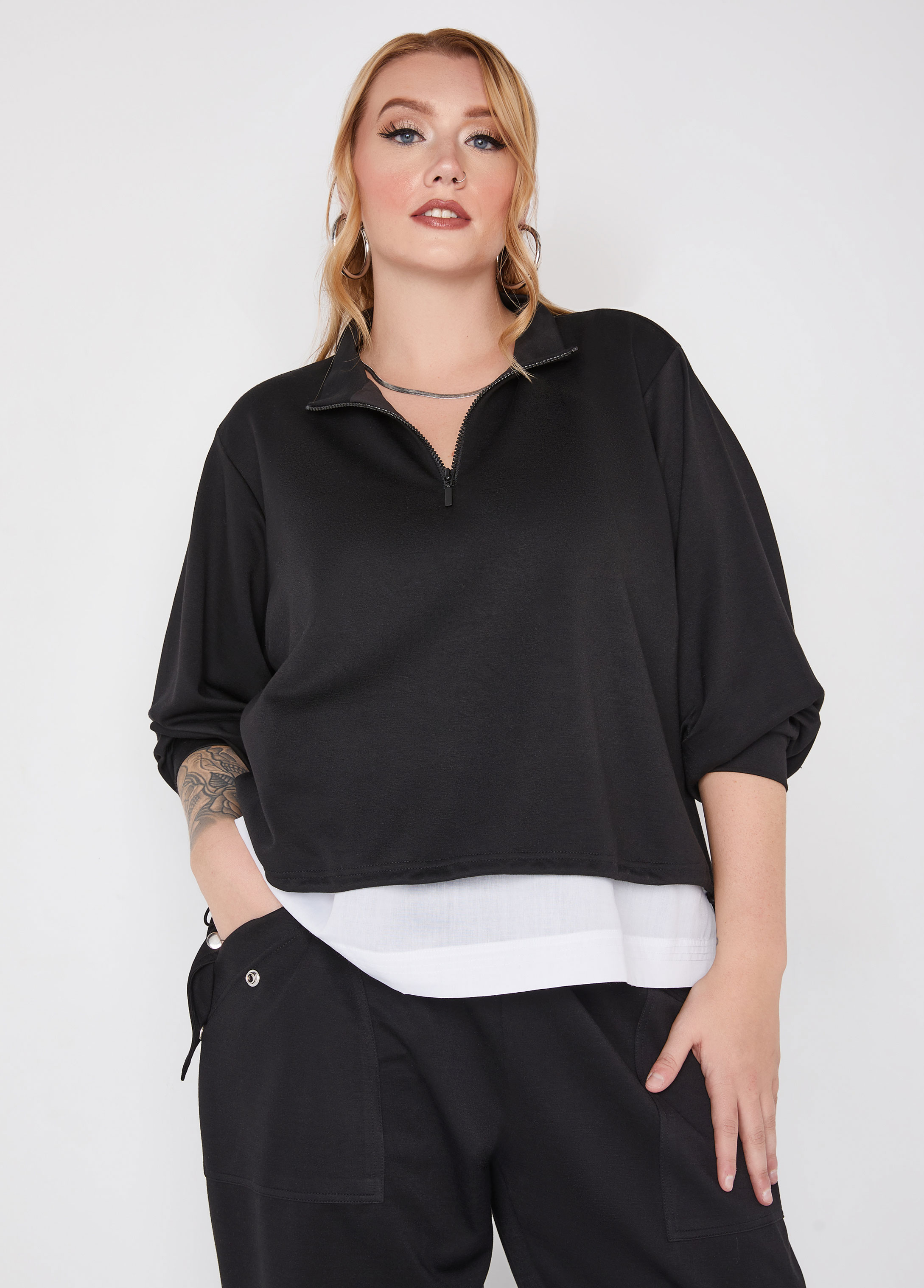 Plus Size Layered Drawstring Top, BLACK, 22/24 - Ashley Stewart