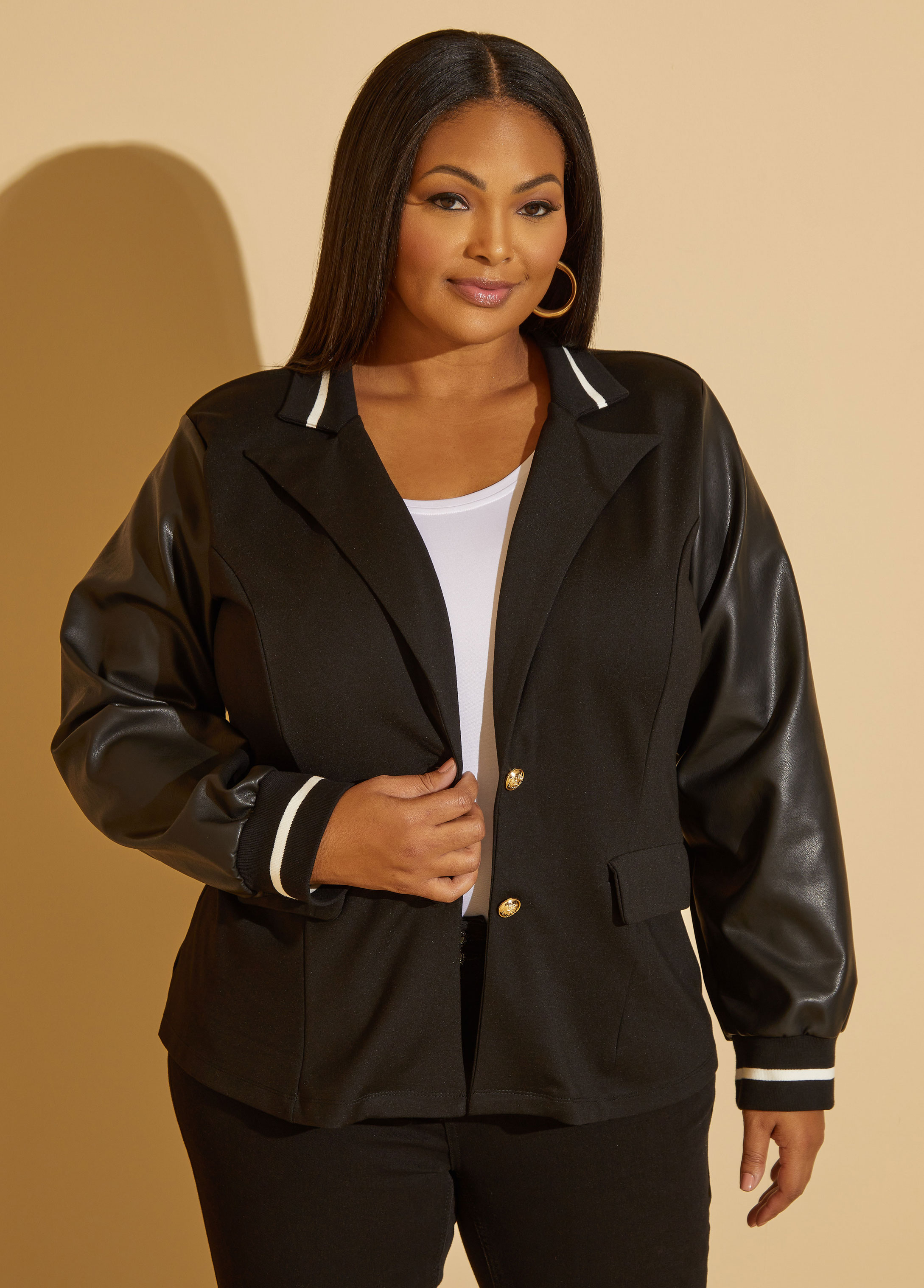 Plus Size Faux Leather Sleeved Ponte Blazer, BLACK, 30/32 - Ashley Stewart