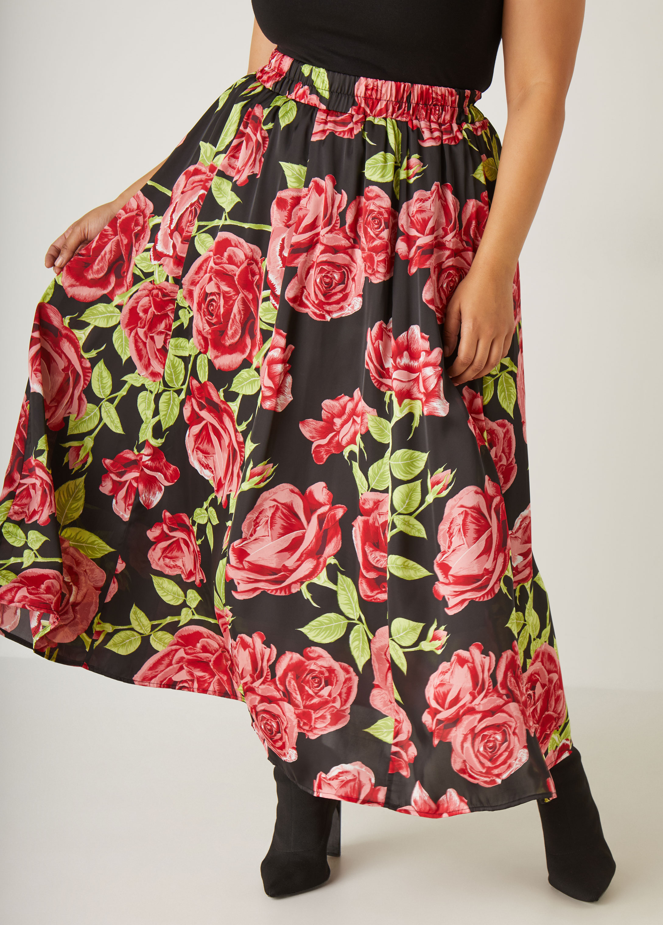 Plus Size Rose Print Satin Maxi Skirt, BLACK, 18/20 - Ashley Stewart