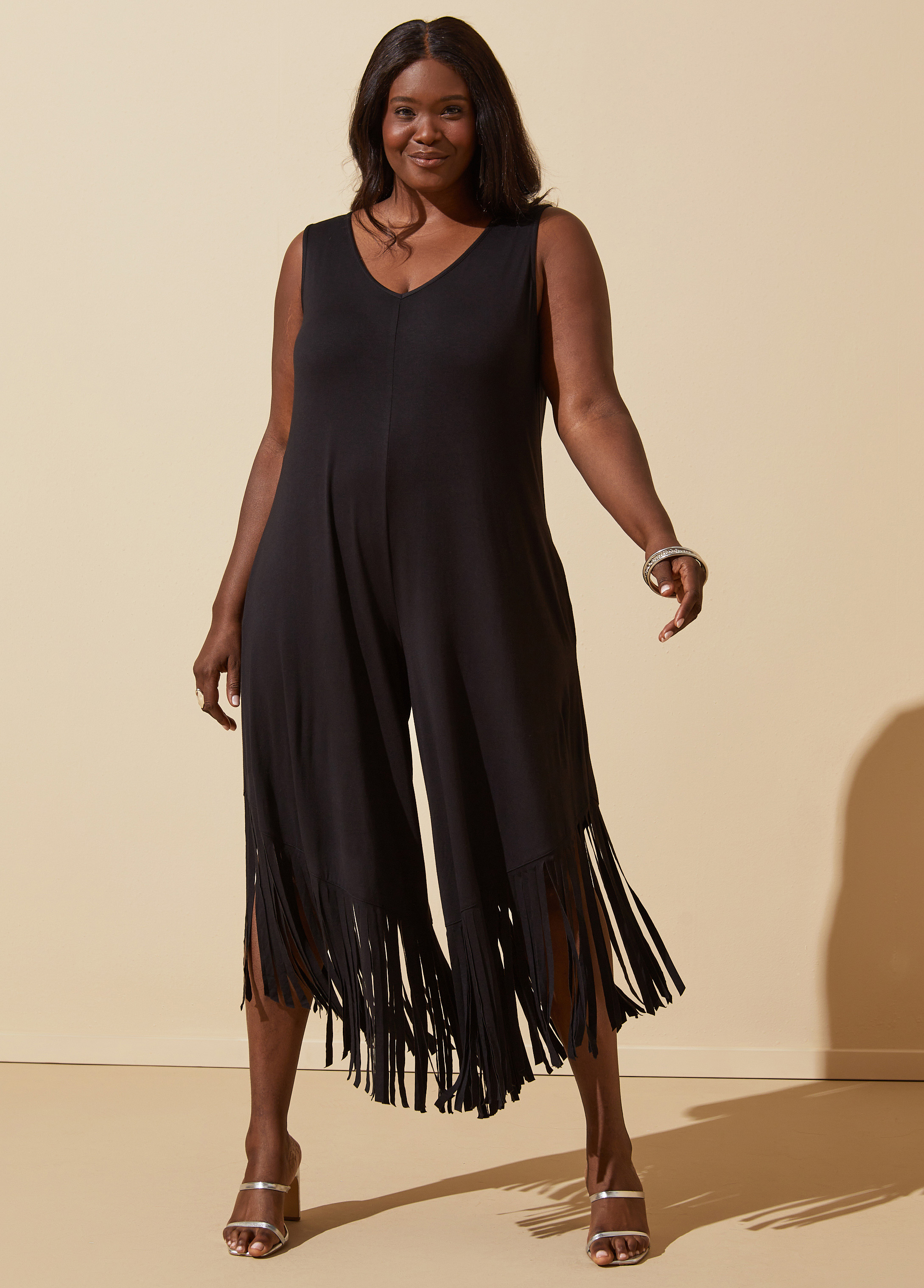 Plus Size Fringed V Neck Jumpsuit, BLACK, 30/32 - Ashley Stewart