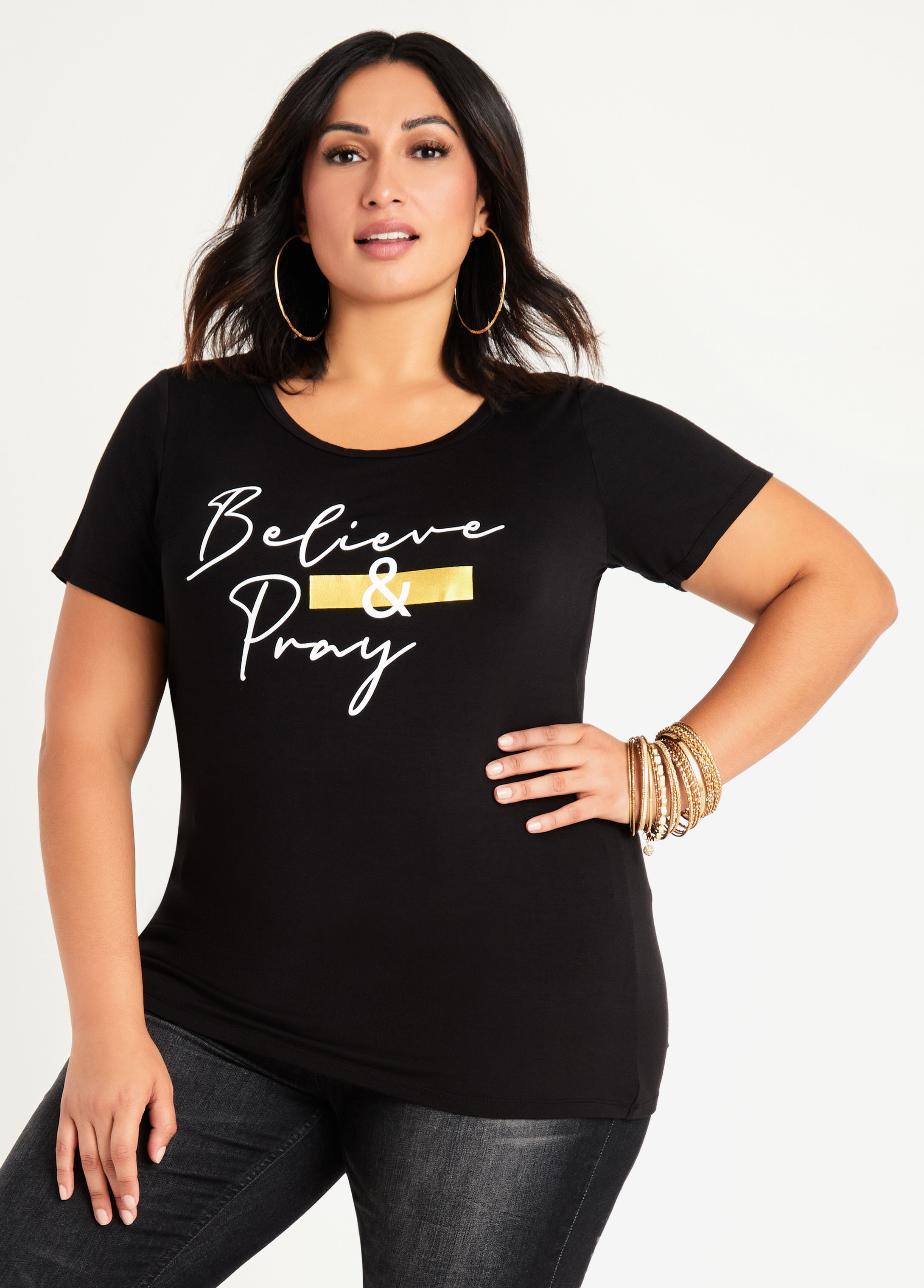 Plus Size Black Spiritual Graphic Tees Believe Pray Gold T Shirt