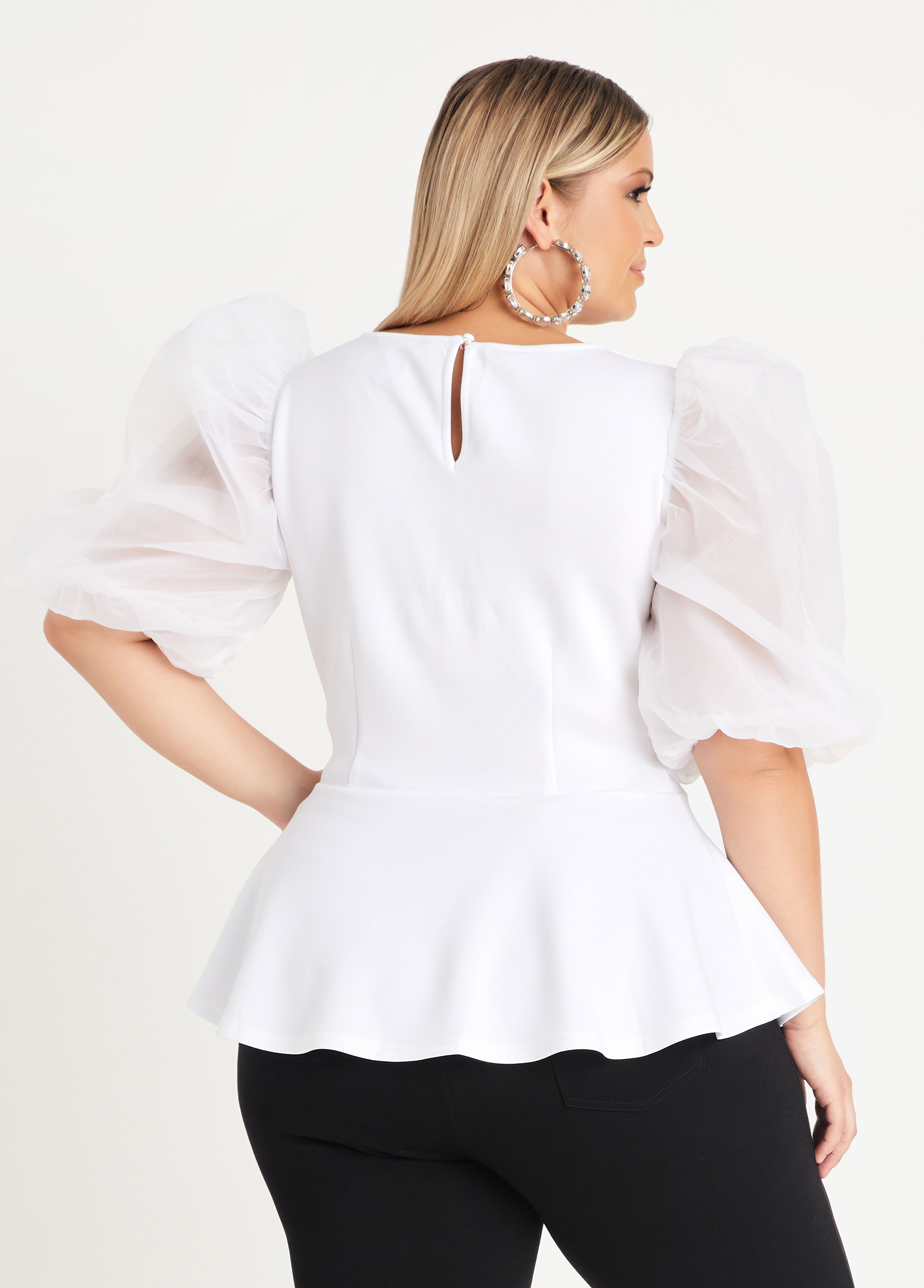 Organza Puff Sleeve Peplum Top