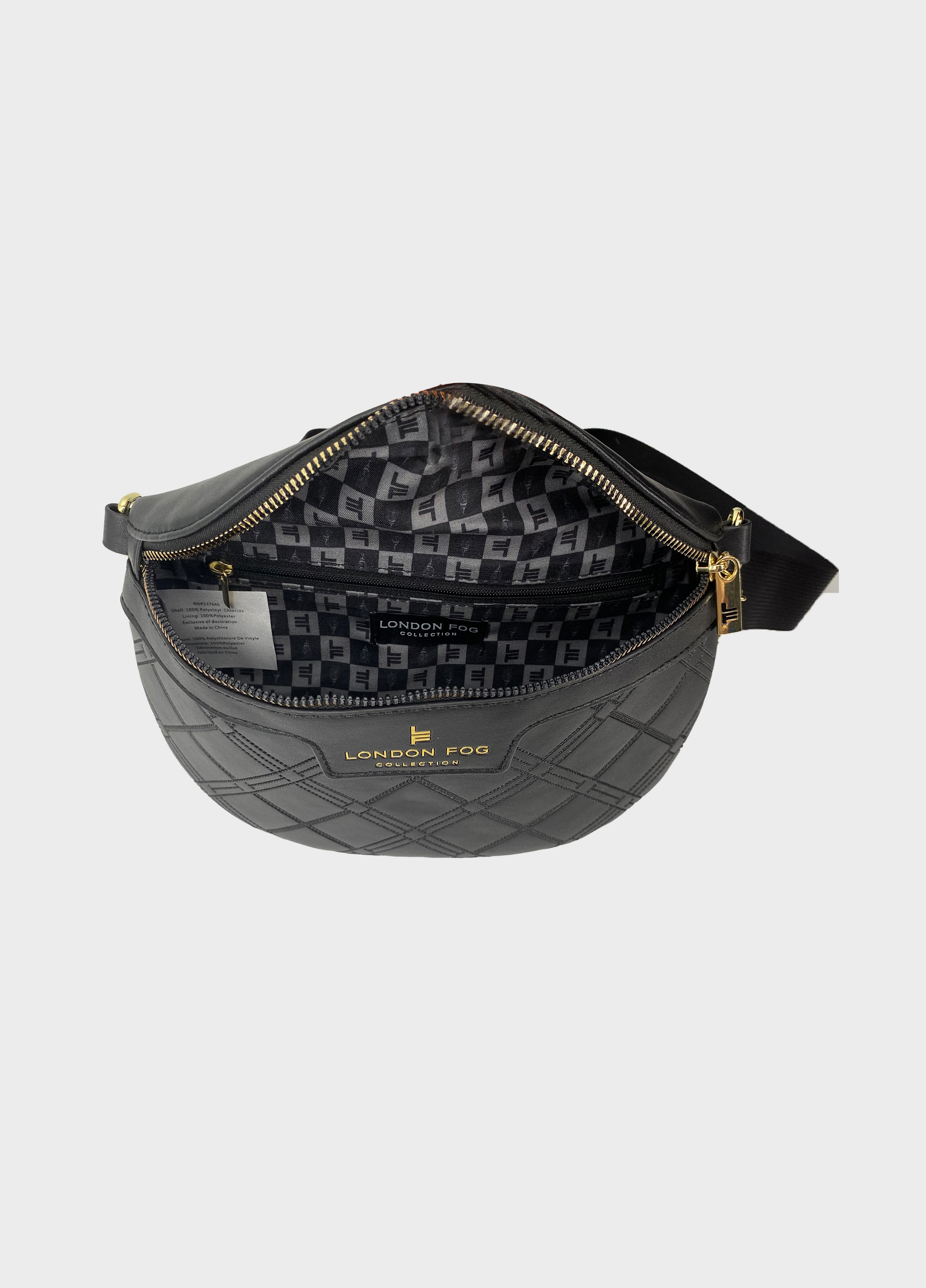 London Fog Ramona Quilted Belt Bag Fanny Pack Black Gold Accents