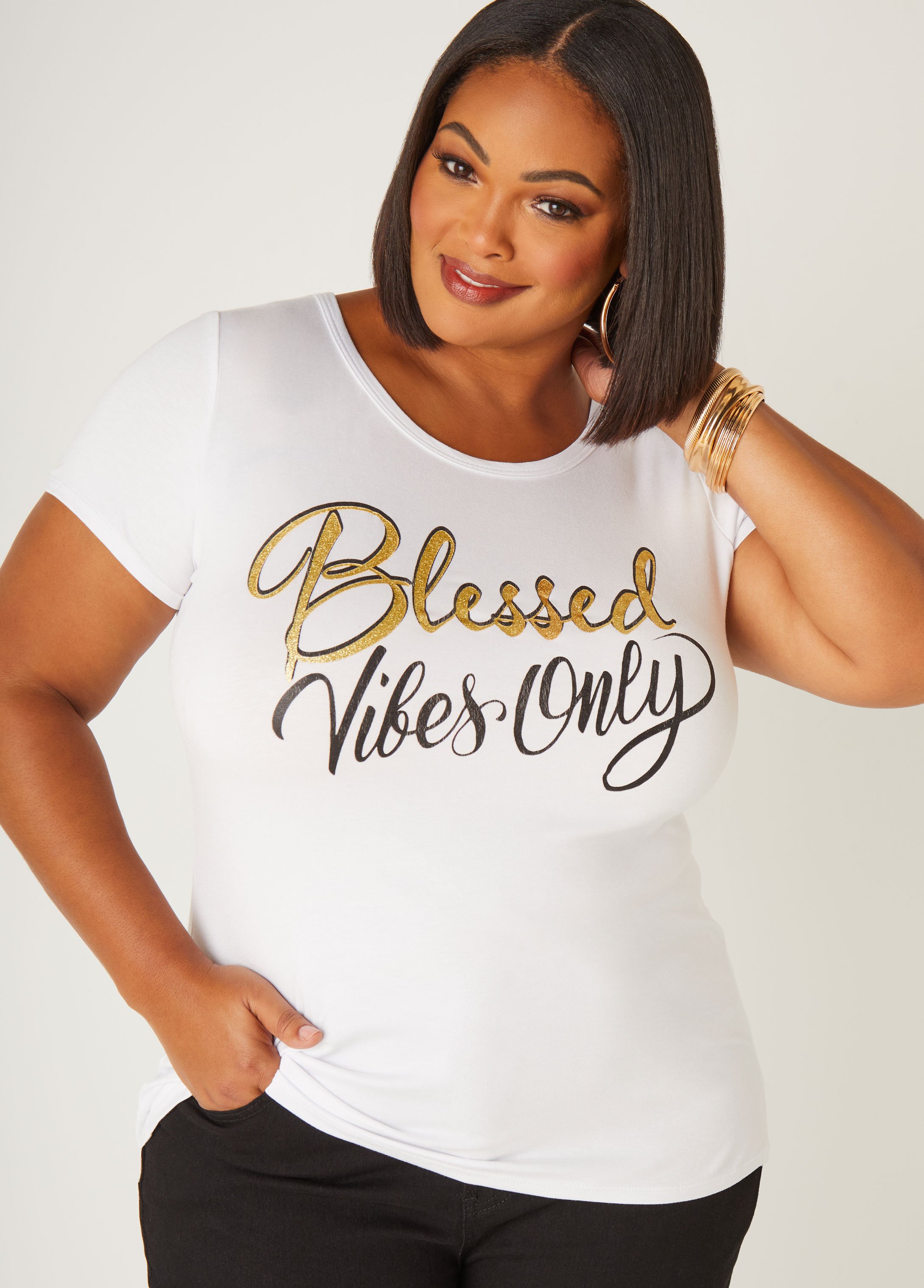 Plus Size Blessed Vibes Only Graphic Tee, WHITE, 26/28 - Ashley Stewart