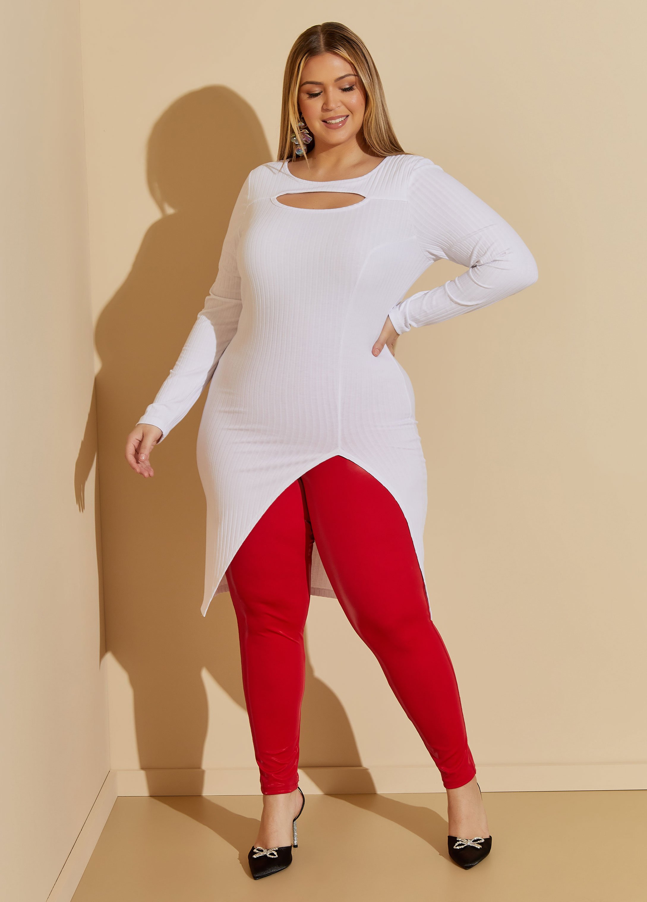 Plus Size Cutout Ribbed Top, WHITE, 18/20 - Ashley Stewart