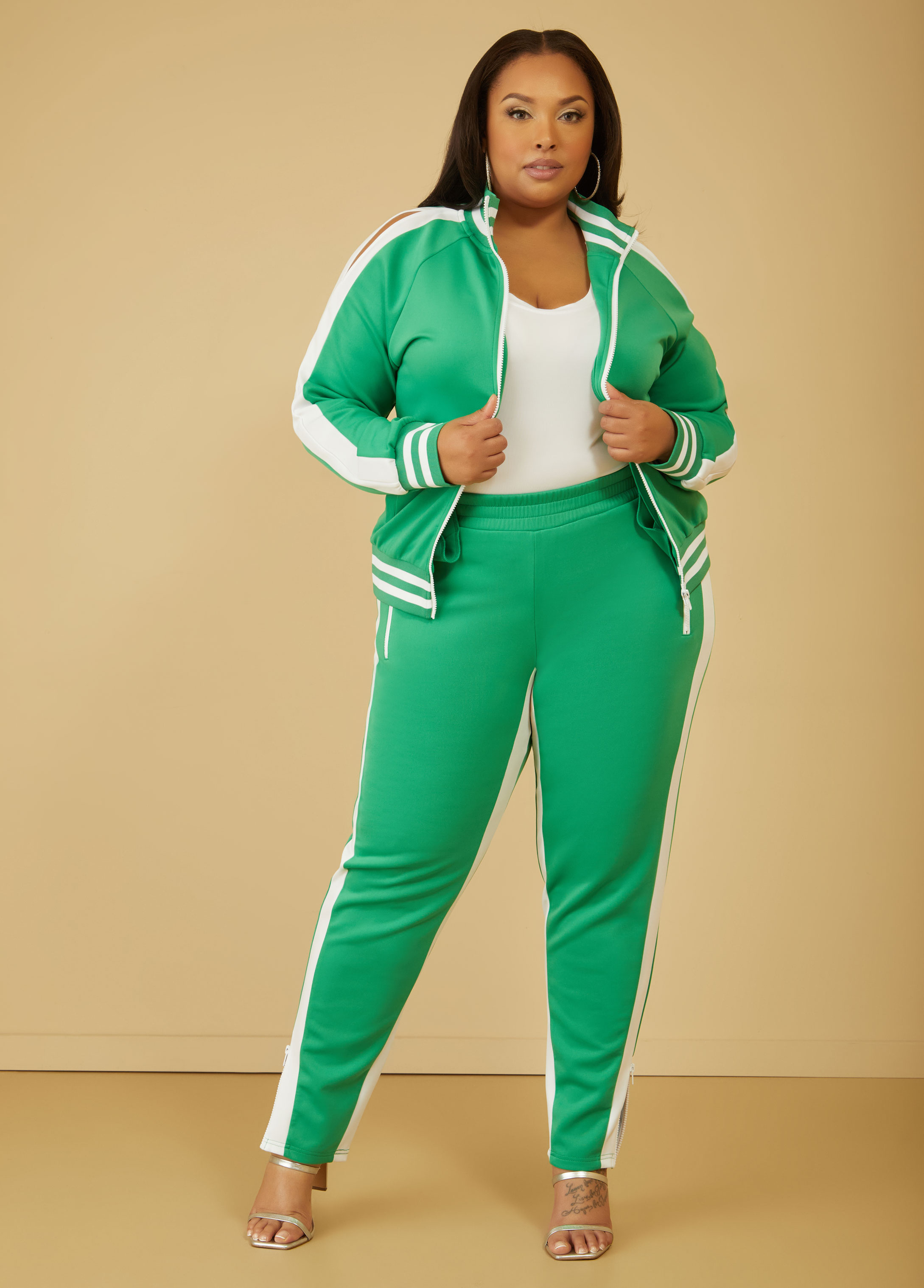 Plus Size Zip Detailed Striped Track Pants, , 30/32 - Ashley Stewart